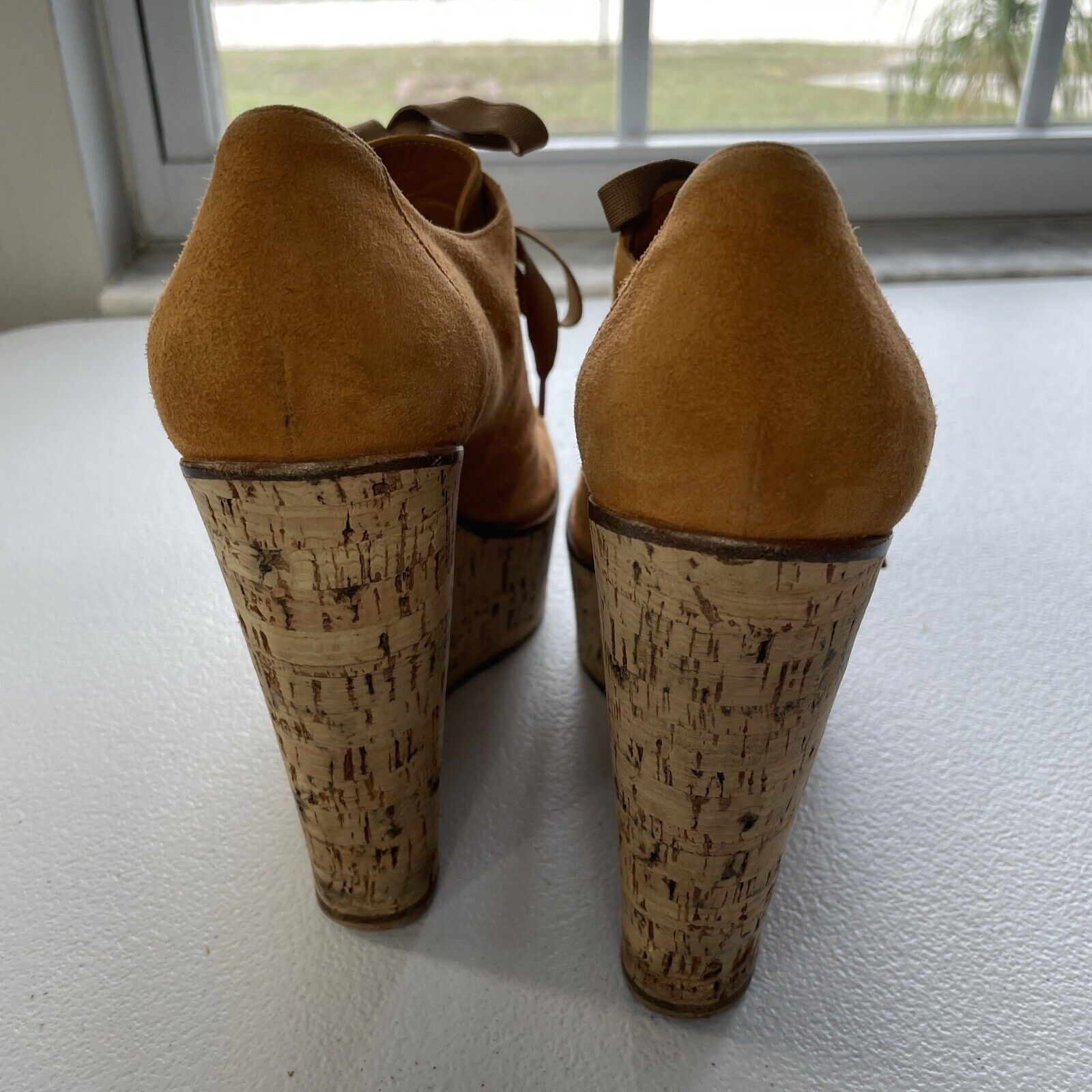 Gianvito Rossi Suede Cork Open Toe Lace Up Platform Shoes Orange/Beige Womens 37