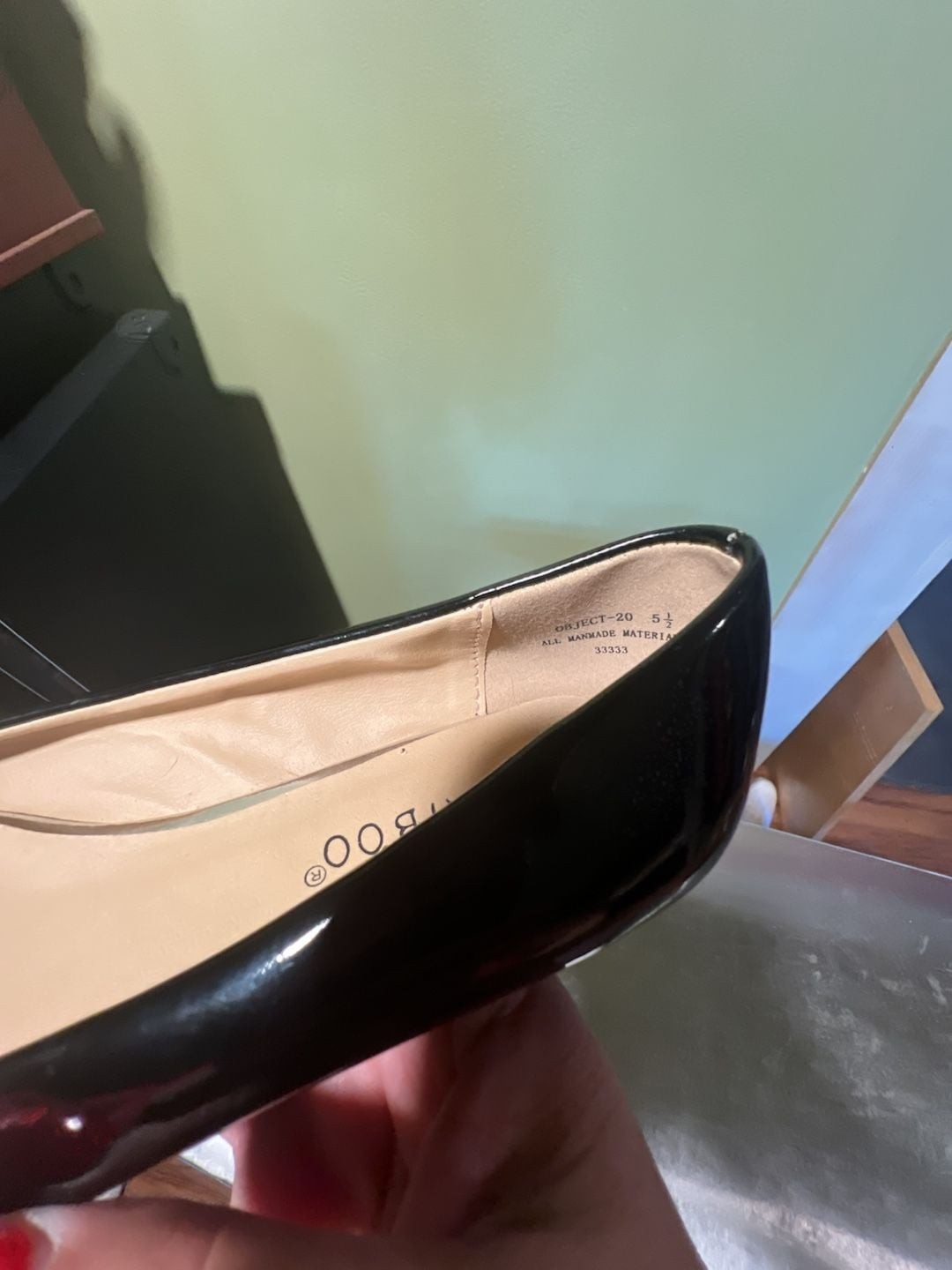 Bamboo Black Patent Pointed Toe Flats with Metallic Silver Cap Toe