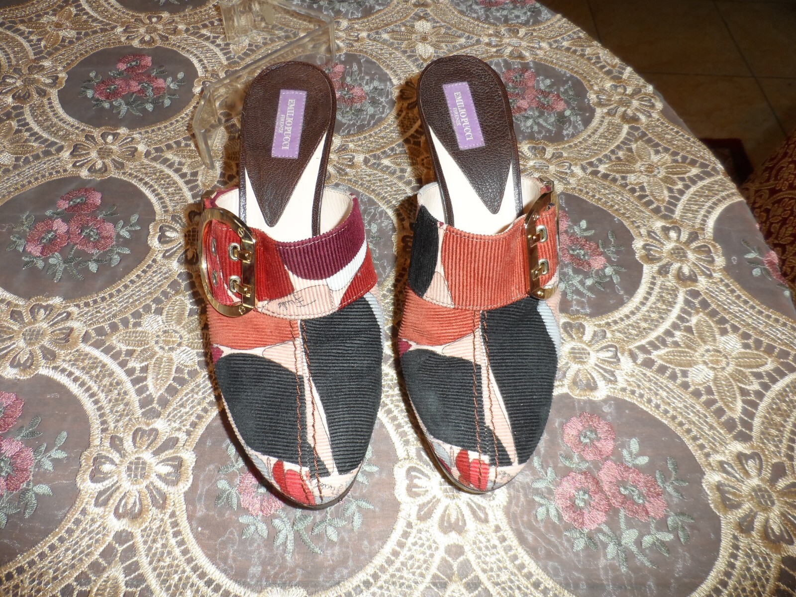 Emilio Pucci Brown Multi Color Corduroy Mules w/Gold LOGO Buckled Size 37.5B