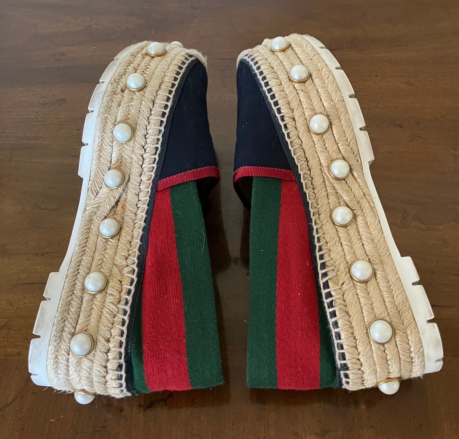 Gucci Pearl Studded Espadrille Flats Blue/Green/Red SZ 38 1/2 Slightly Worn