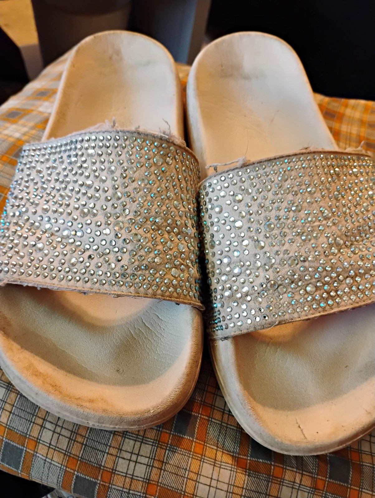 Women’s Pink Slide Sandals Silver Rhinestone Single Strap Open Toe US 8