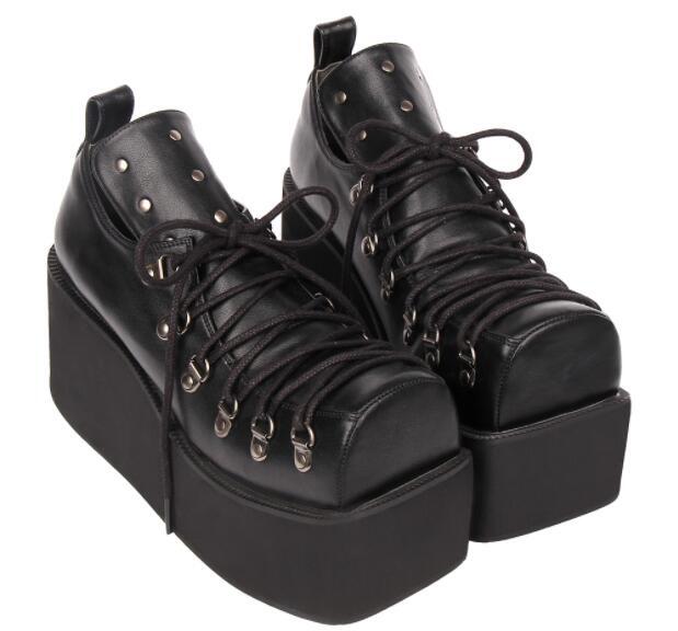 Women’s Punk Gothic Square Toe Lace Up Platform Shoes Rivet Fashion Casual Retro