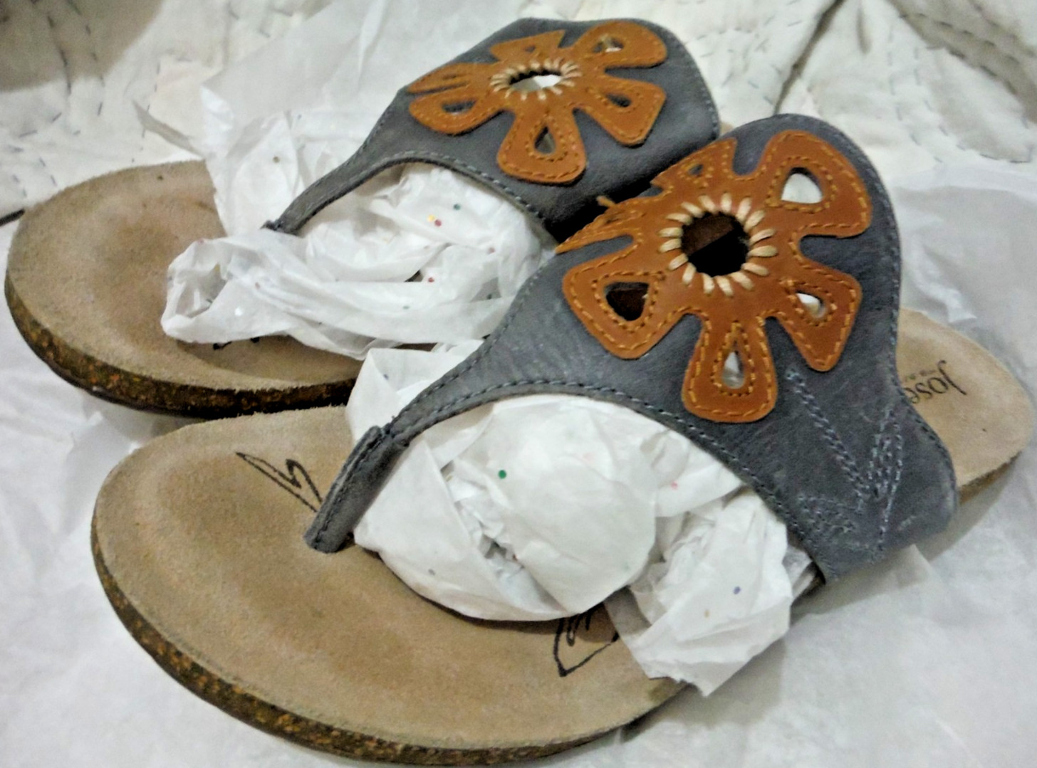 Josef Seibel Natalya Floral Wedge Thong Sandal Light Blue Cork Sole 39 8-8.5