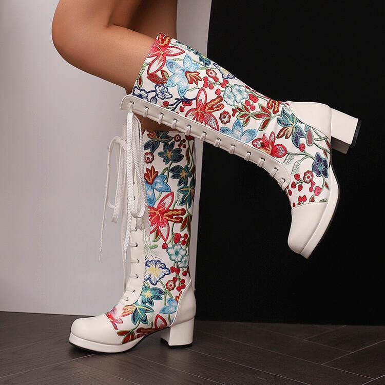 Chic Women’s Floral Printed Pull On Mid Calf Boots Casual Formal Occident Shoes