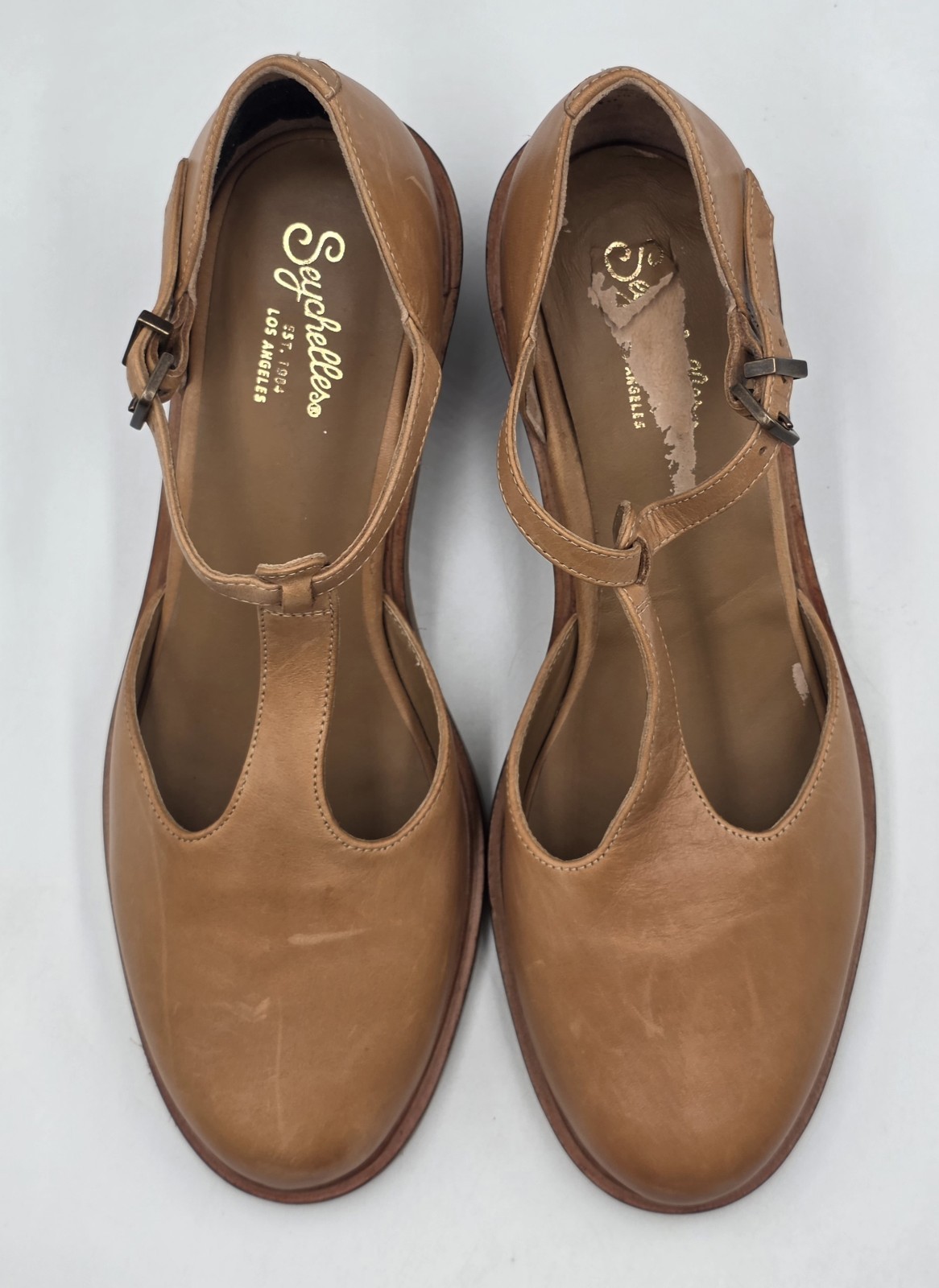Seychelles Soulmate Size 10 Tan Leather T-Strap Mary Jane Block Heel Pumps 2.5in