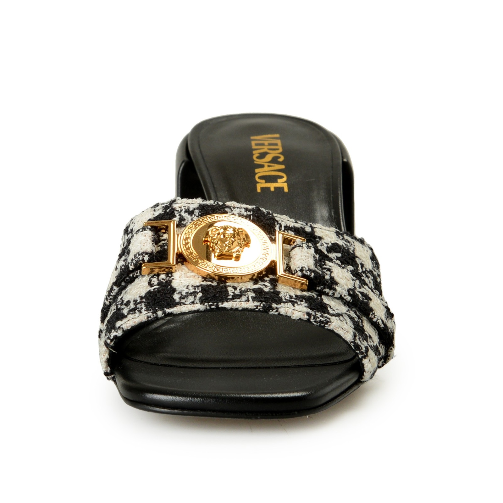 Versace Women’s Check Gold Medusa Heeled Sandals Mules Shoes US 6 IT 36