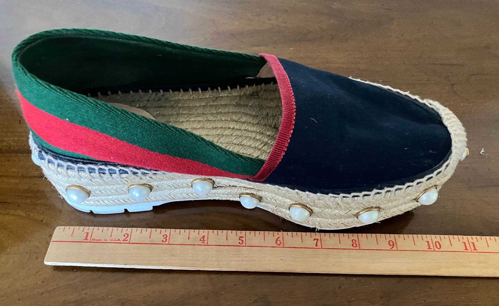 Gucci Pearl Studded Espadrille Flats Blue/Green/Red SZ 38 1/2 Slightly Worn