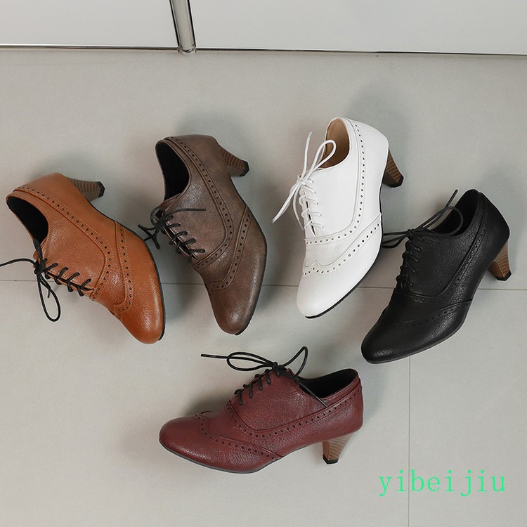 Spring Women’s Low Kitten Heel Wing Tip Lace Up Brogue Shoes Vintage Plus Size