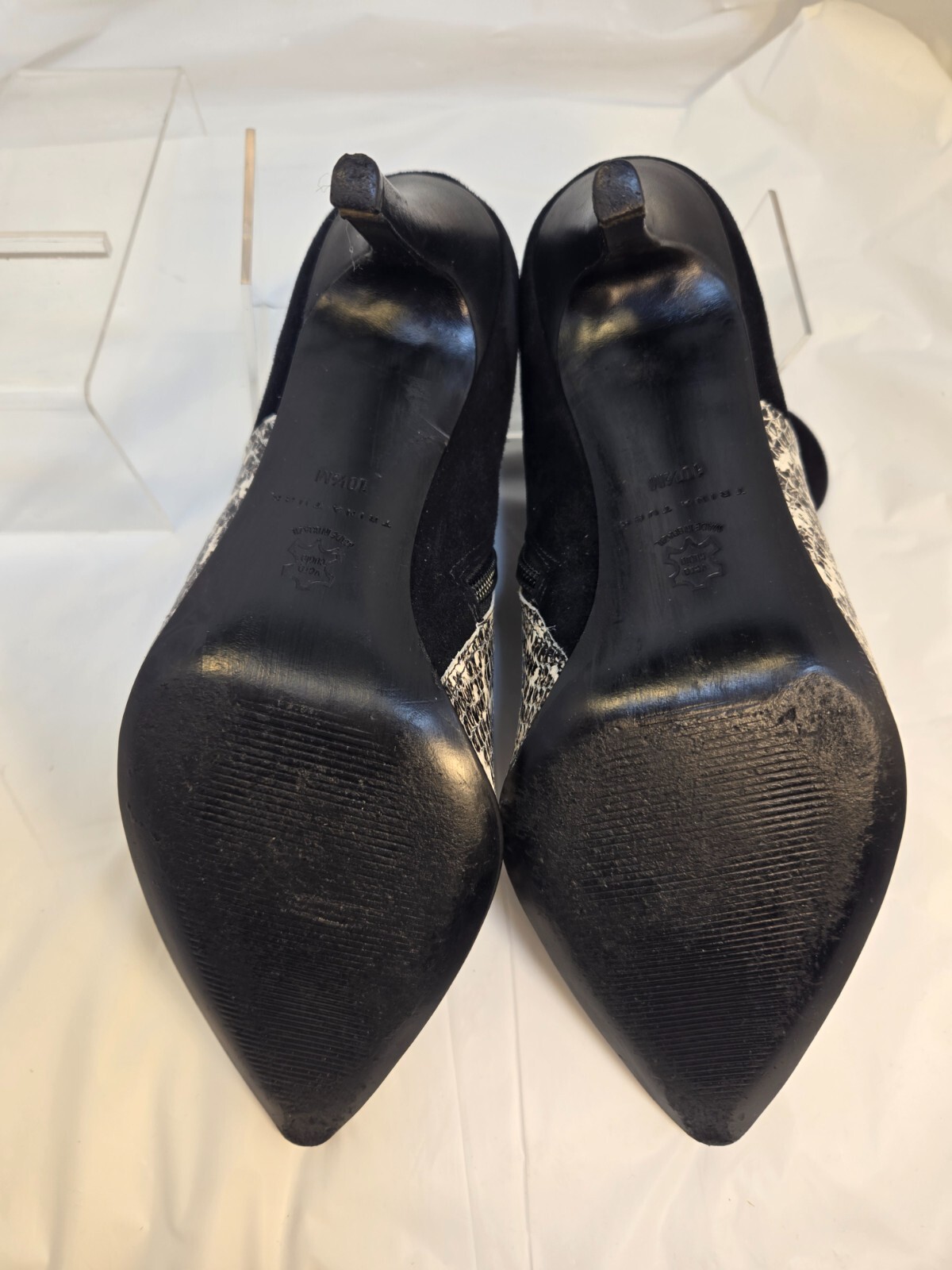 Trina Turk Black Suede & Snakeskin Style High Heel Women’s ankle booties US 10.5