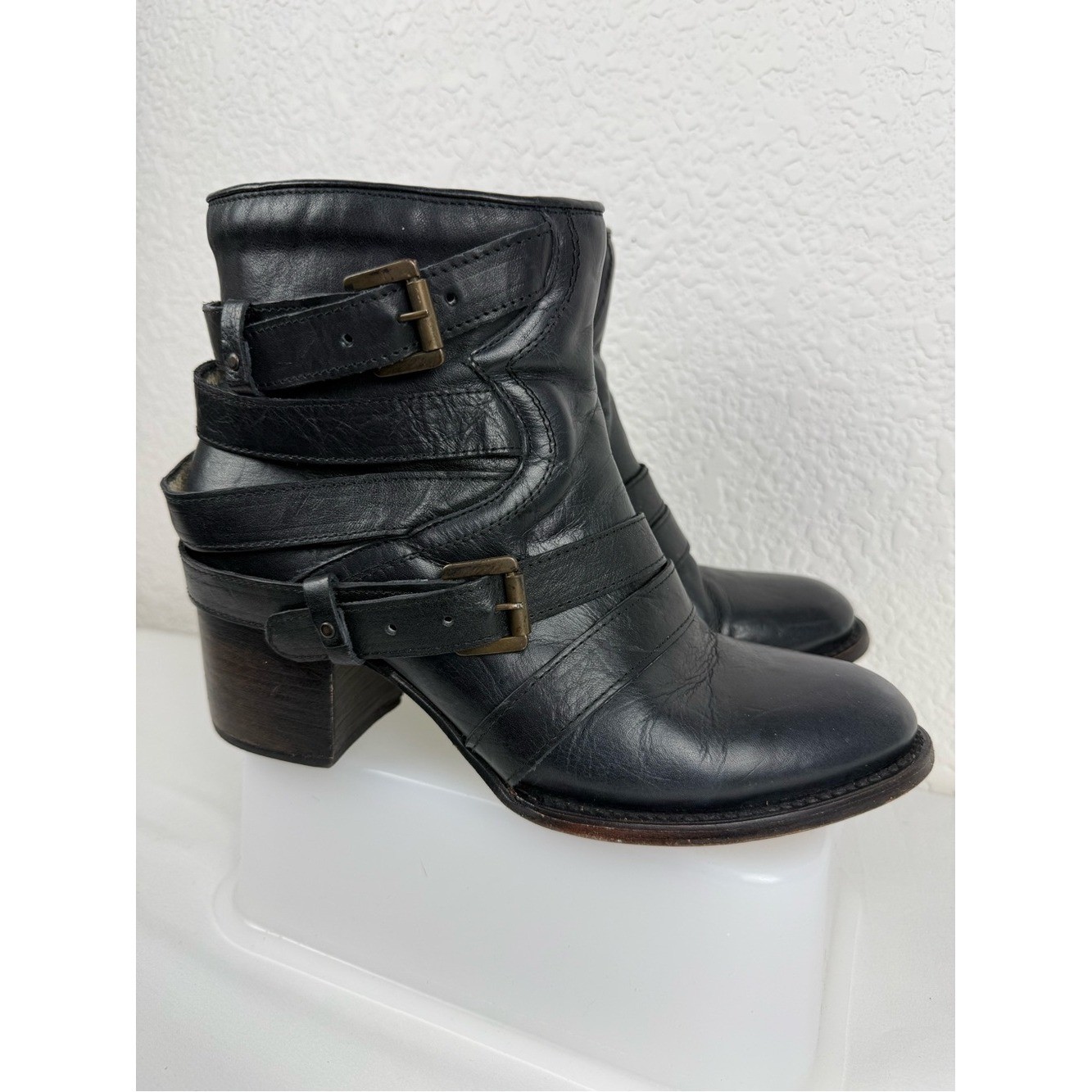 Freebird by Steven | Ester | Black Leather Harness Moto Booties | Women’s 9