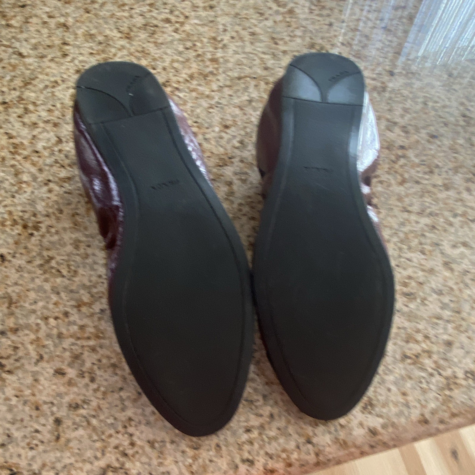 PRADA Women’s Burgundy Black Leather Cap Toe Ballet Flats Logo Slip-On US 8