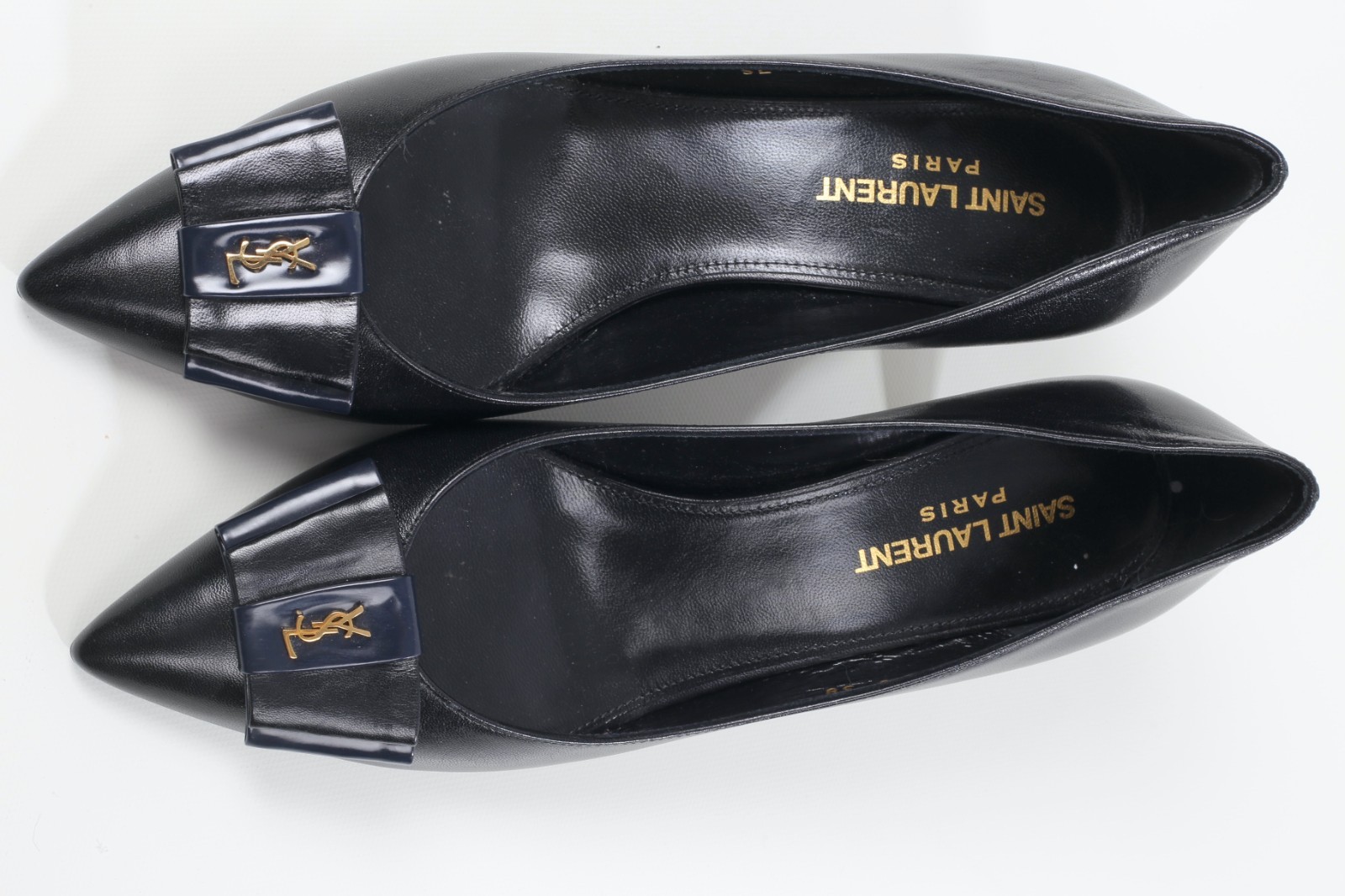 Saint Laurent Anais Logo Black Leather Bow Pumps Heels Designer EU Size 38 YSL
