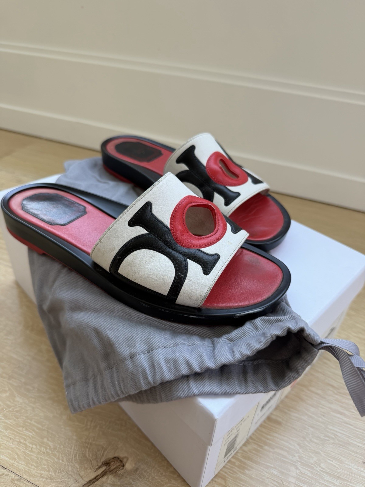 Dior Women’s White/Black/Red Lambskin Logo Slide Sandals EU 36 US 5.5