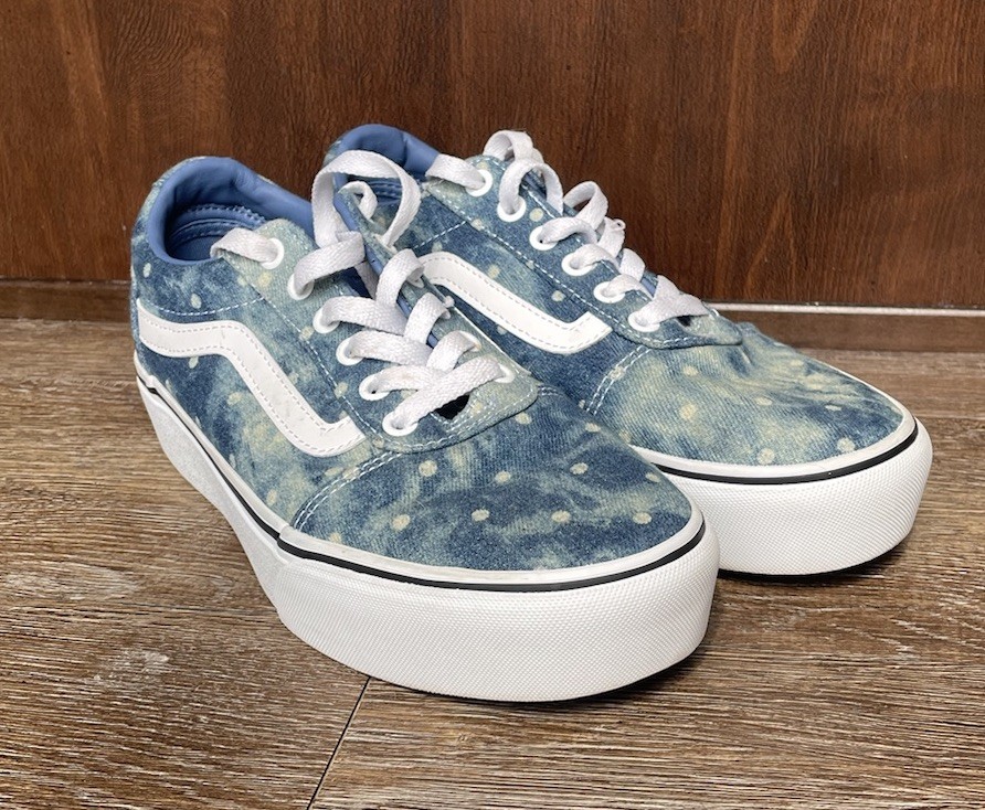 Vans Womens Old Skool Blue Denim Polka Dot Sneakers Size 8.5 Platform Shoe Clean