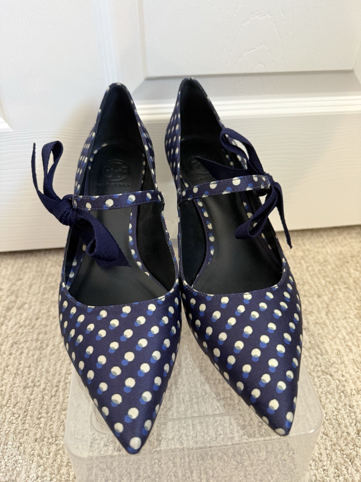 Tory Burch Blue/White Polka Dot Pointed Toe Bow Strap Pumps, Women’s AU 10
