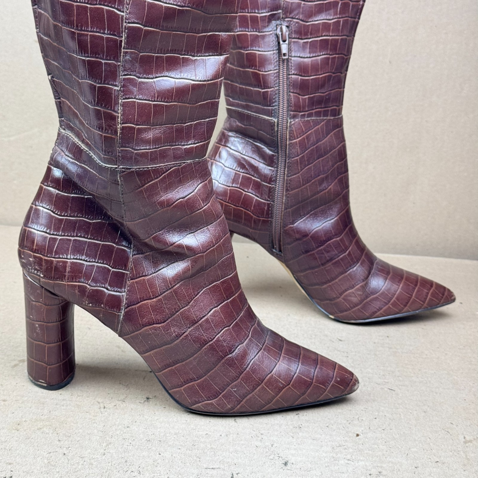 Aqua Women’s Brown Croc Embossed Leather Tall Heeled Boots Size 9 damage