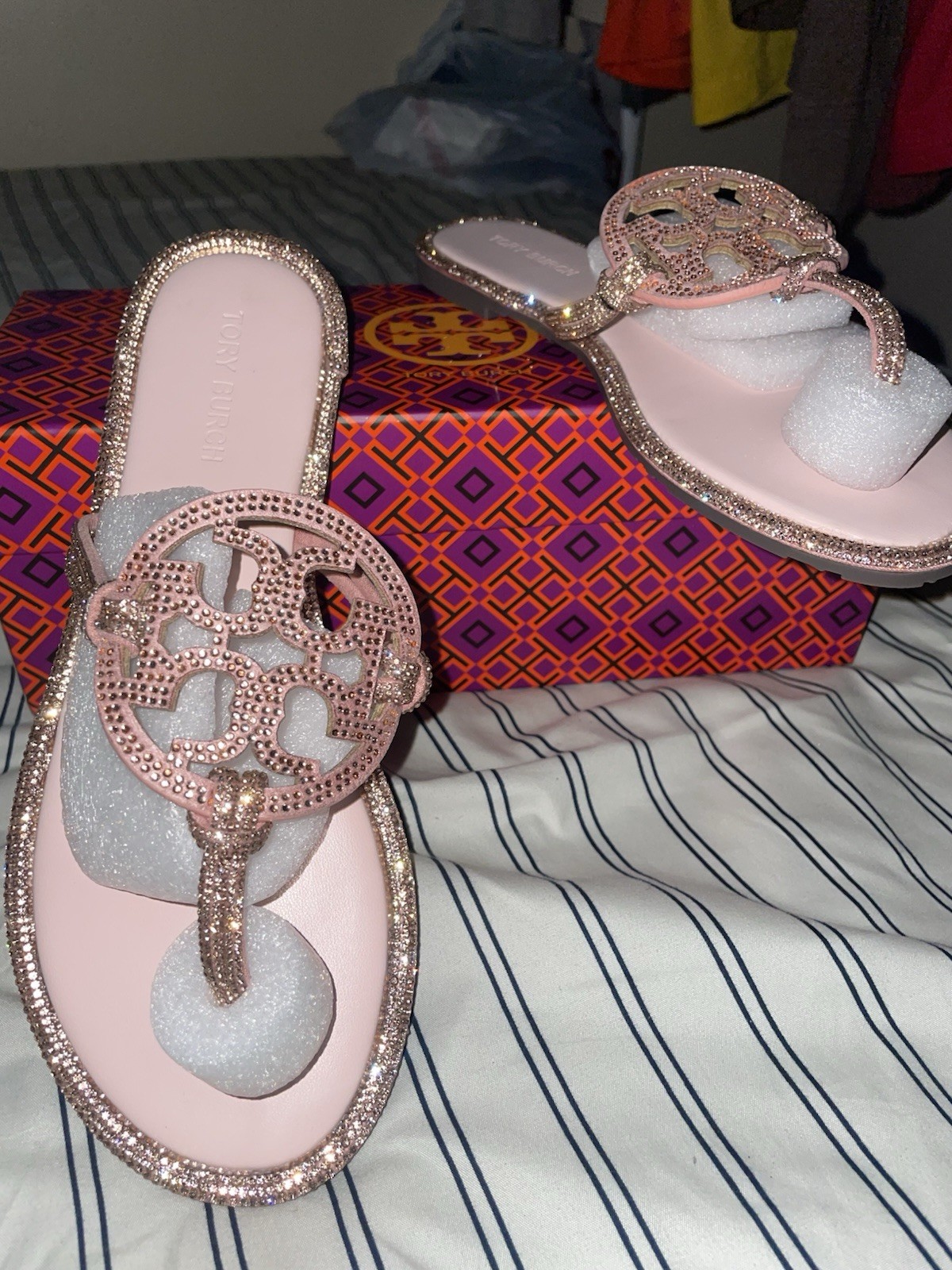 Tory Burch Pink Leather Thong Slide Sandals Rhinestone Logo Slip-On US 6.5