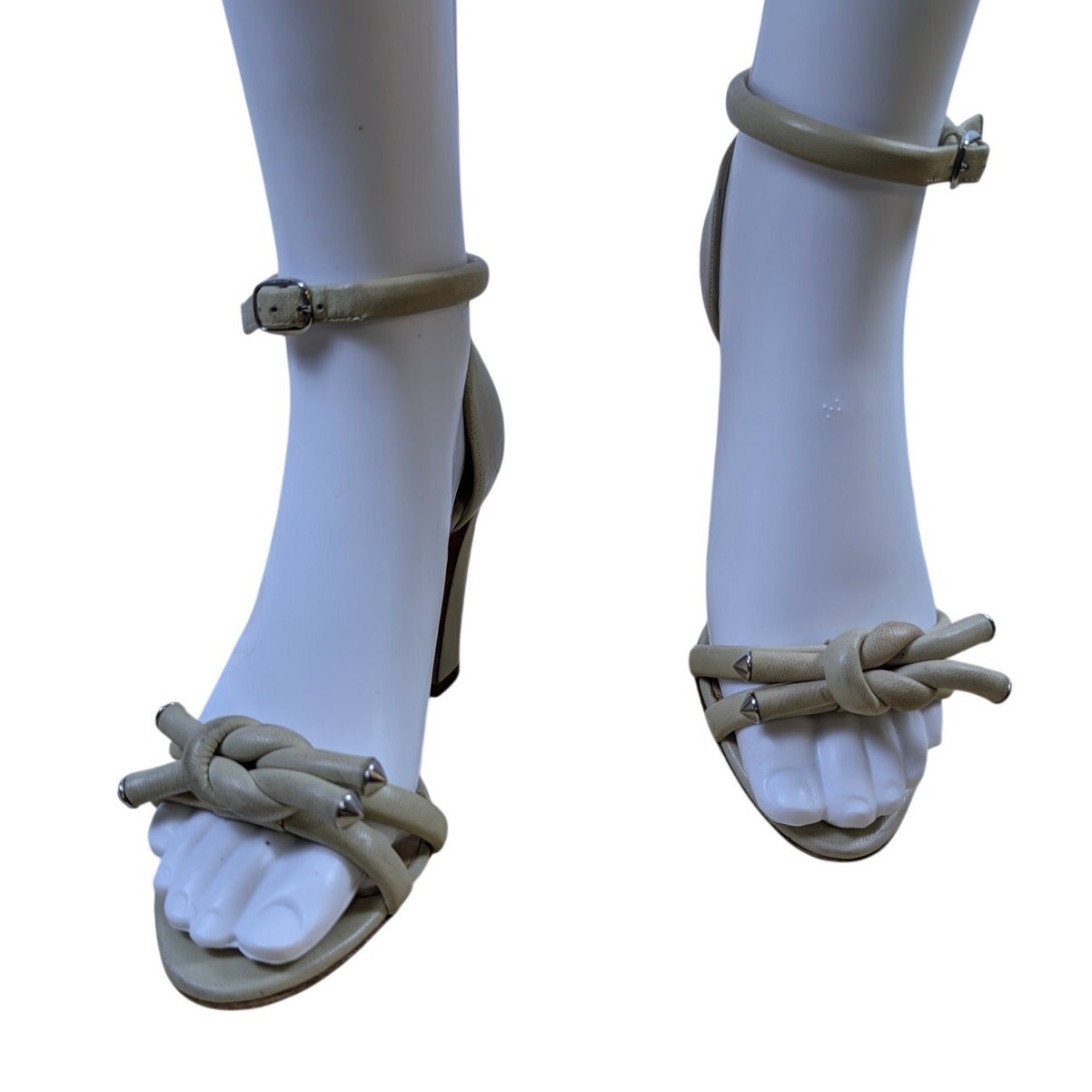 Balenciaga Beige Block Heels Knot Detail Silver Accents Sandal EU 36 US 6