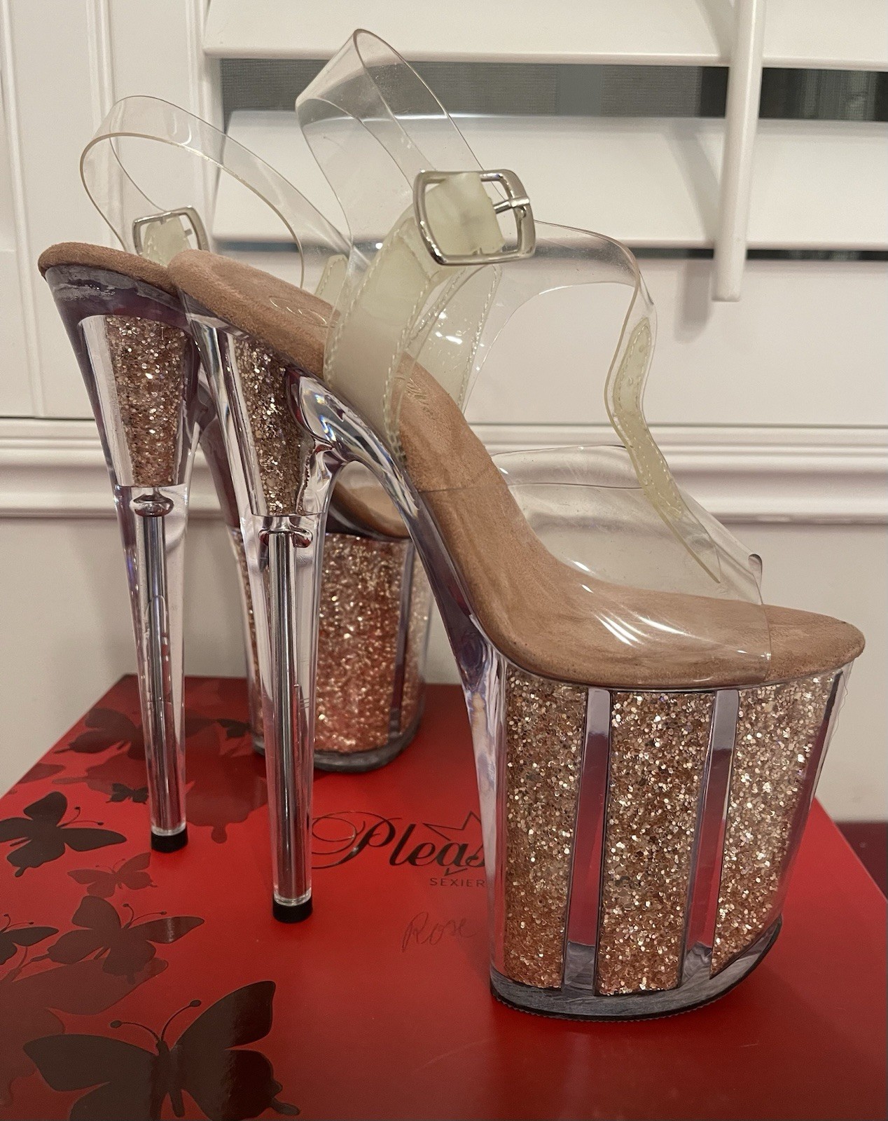 Pleaser Clear/Rose Gold Glitter Platform Ankle Strap Buckle Stiletto Heel 5