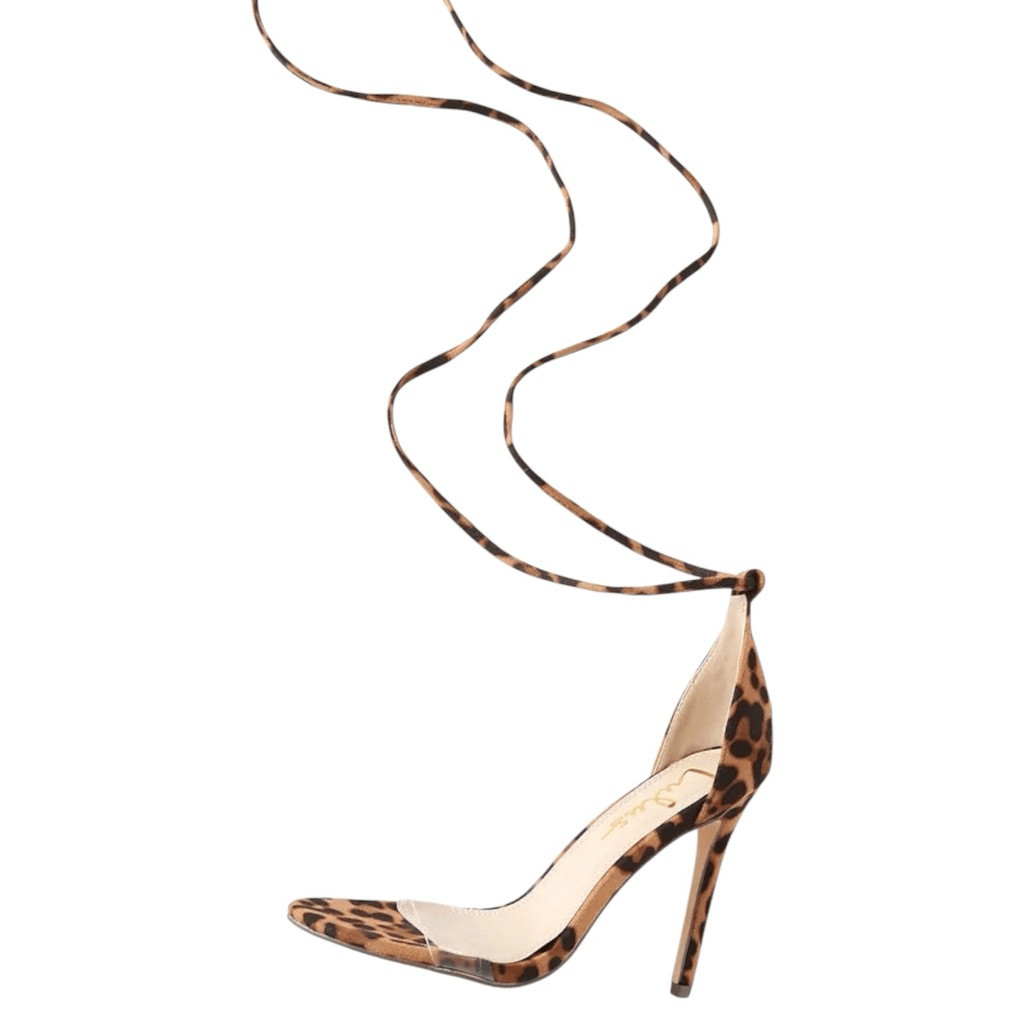 NEW Lulus Ledah Leopard Suede Lace-Up Heels Size 6.5 Clear Strap Stiletto 4.25”