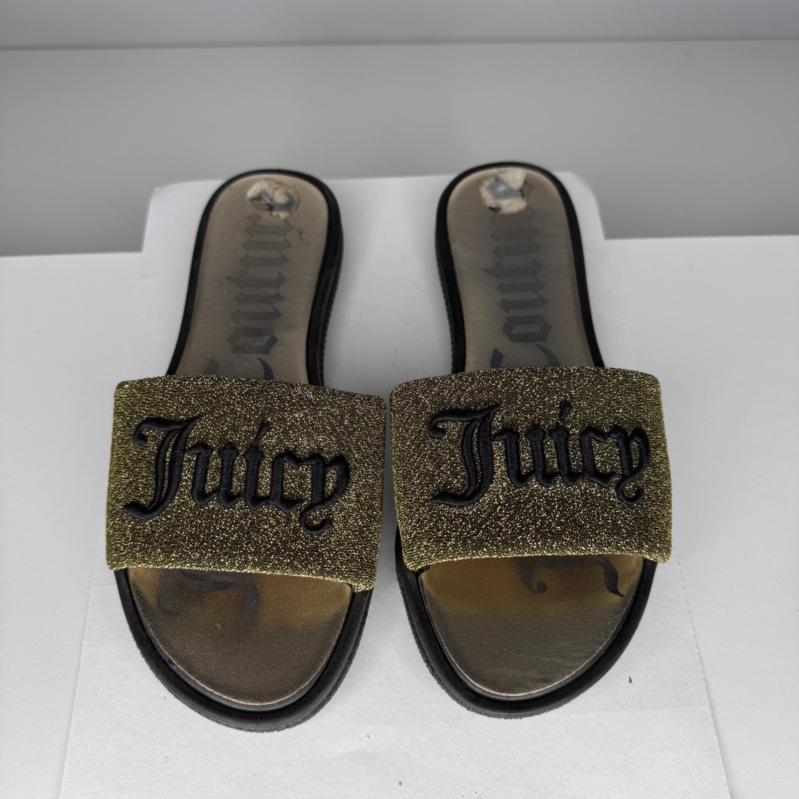 Juicy Couture Slide Sandals Womens 5.5 Gold Glitter Logo 25916