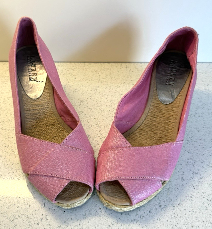 Lauren Ralph Lauren Cecilia Wedge Heels 8.5 B Linen Fuchsia Shantung Espadrille