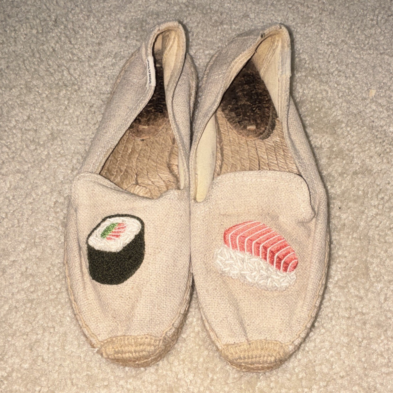 Soludos Women’s Beige Canvas Sushi Embroidered Slip-On Flats US 6.5