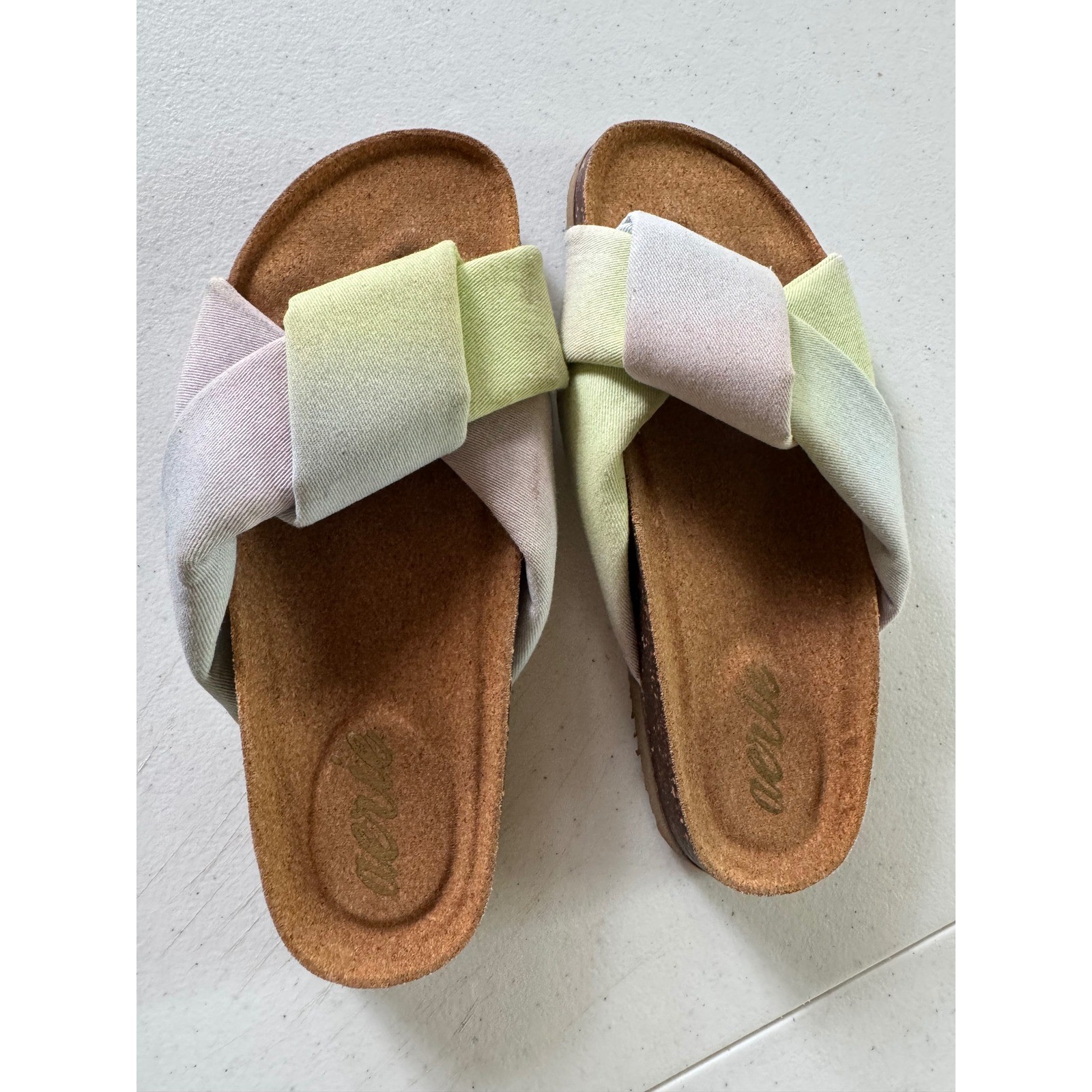 Aerie Pastel Ombre Twisted Strap Slide Sandals Cork Footbed Womens Size 6