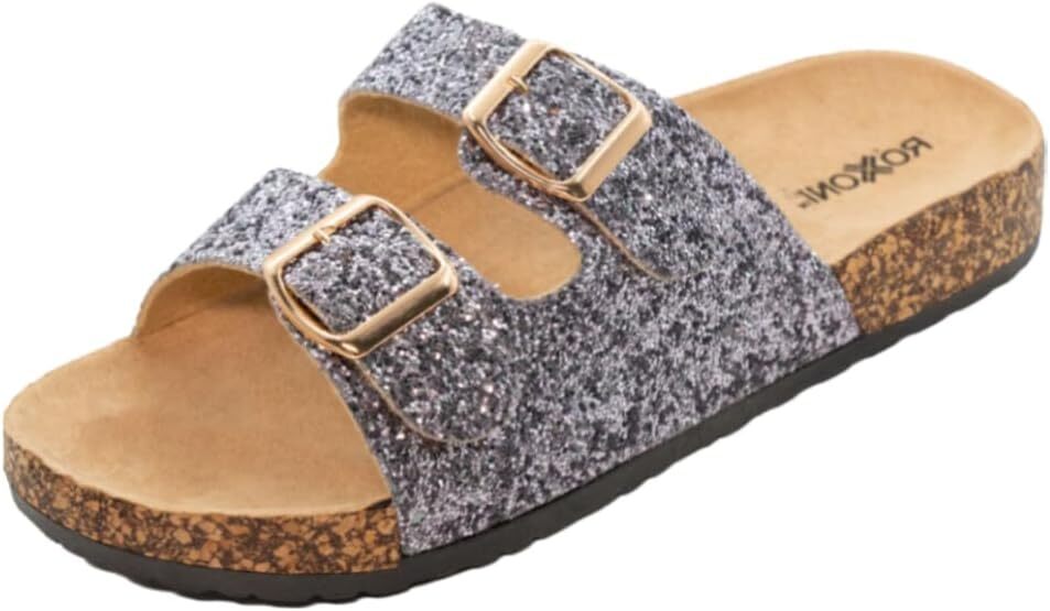 Very Peri Womens Glitters Comfort Flat Sandals Double Buckle Straps Flat Slides