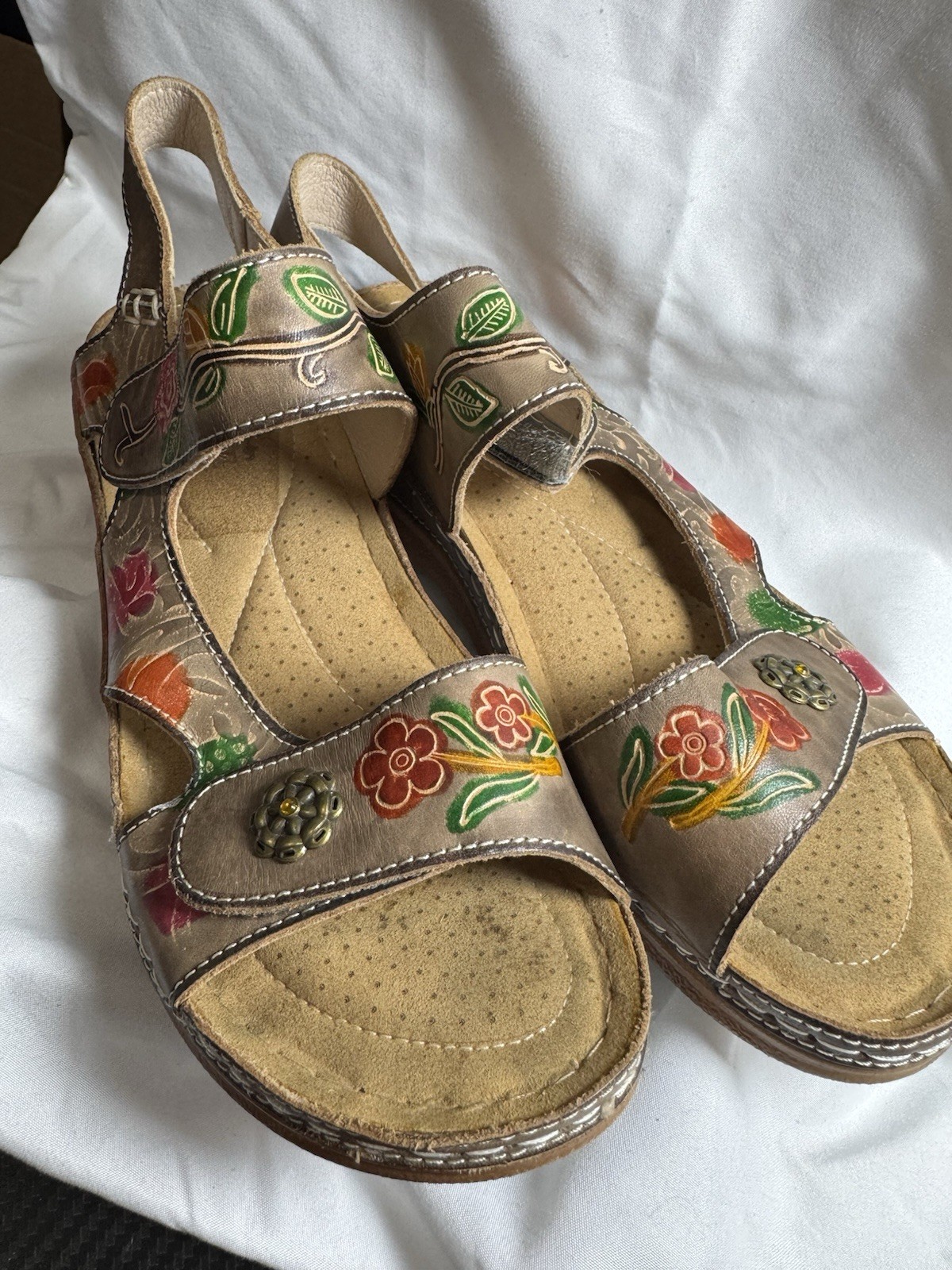 L’Artiste by Spring Step Leather Wedge Sandals Cuteness Floral Jewel Multi US 9