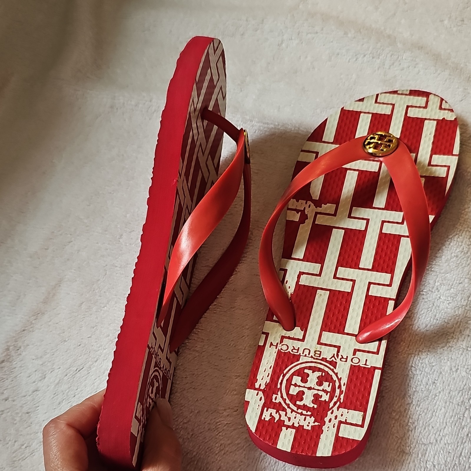 Tory Burch Red/White Logo Geometric Flip Flop Sandals Womens US 7 Rubber