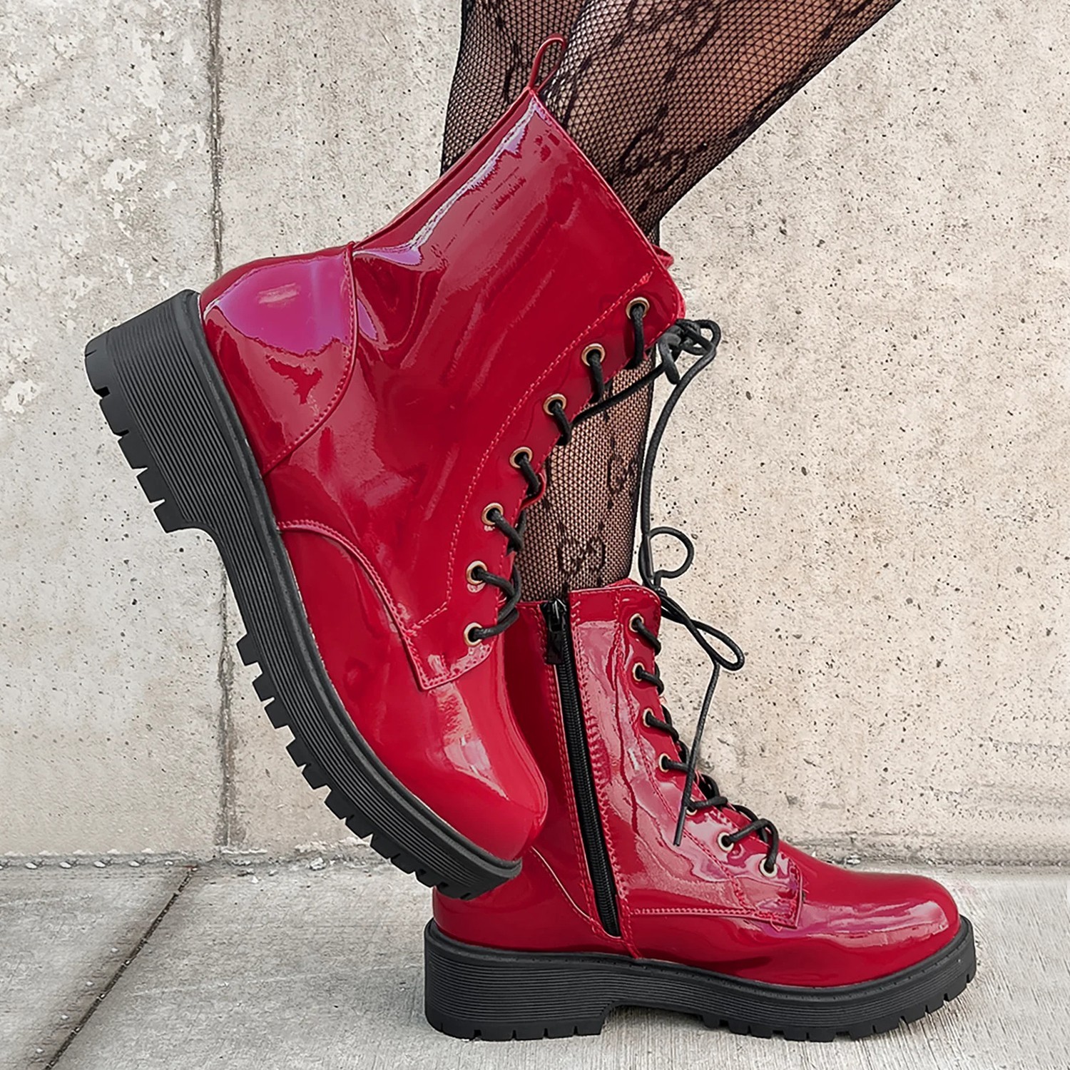 New Red Lace Up Military Combat Moto Ankle Boots Booties Lug Platform Block Heel