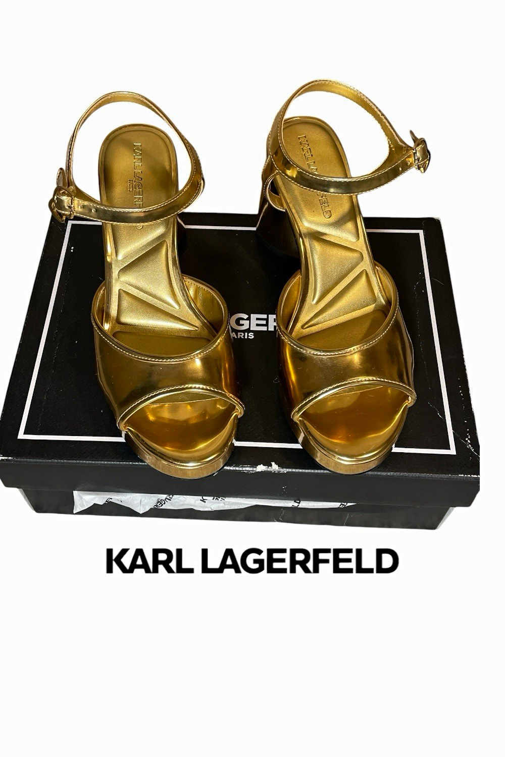 Karl Lagerfeld Gold Strappy Open Toe Ankle Strap Buckle Block Heel US 7.5