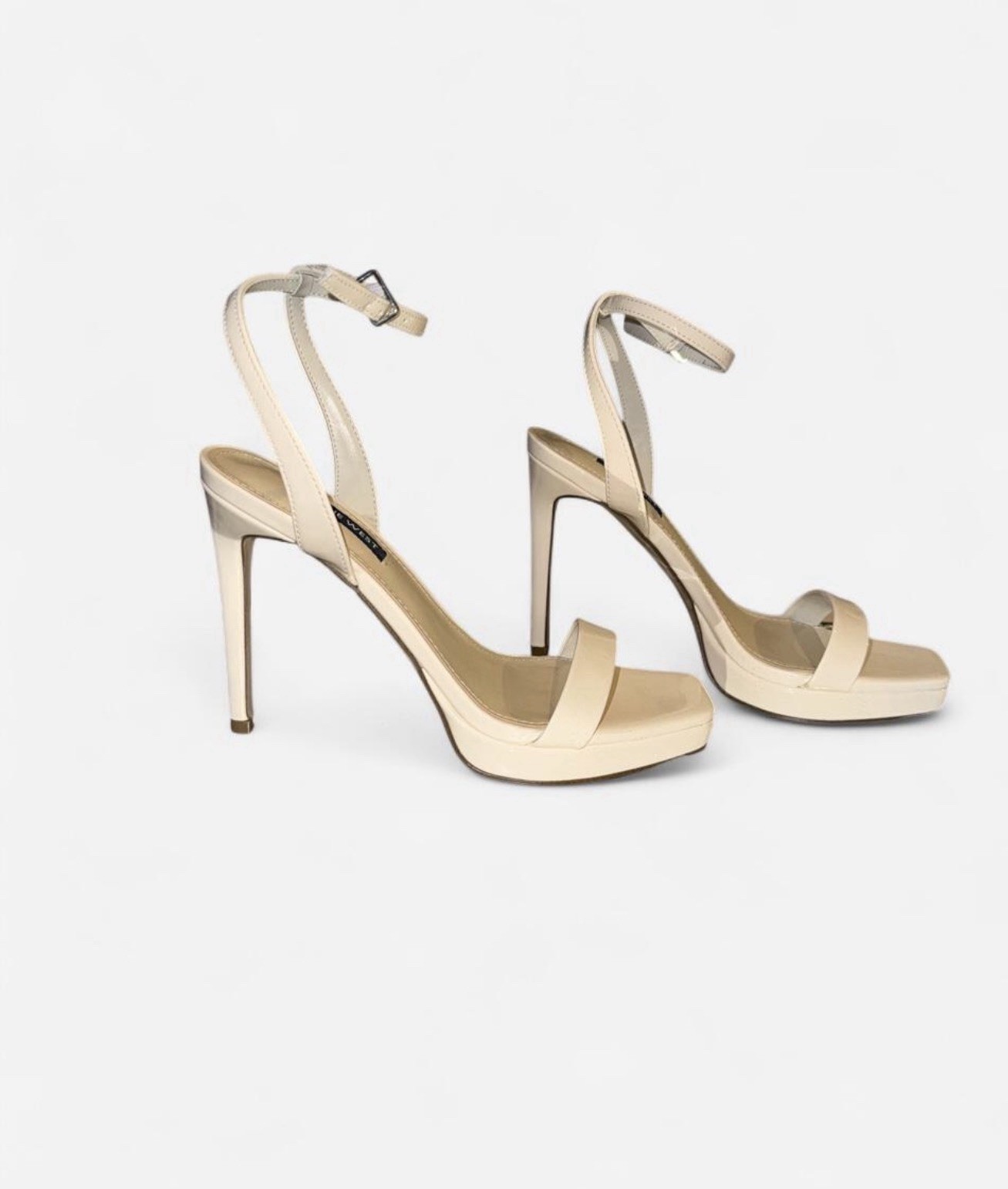 Nine West Women’s Beige Patent Leather Strappy Ankle Strap Open Toe Stiletto 6.5