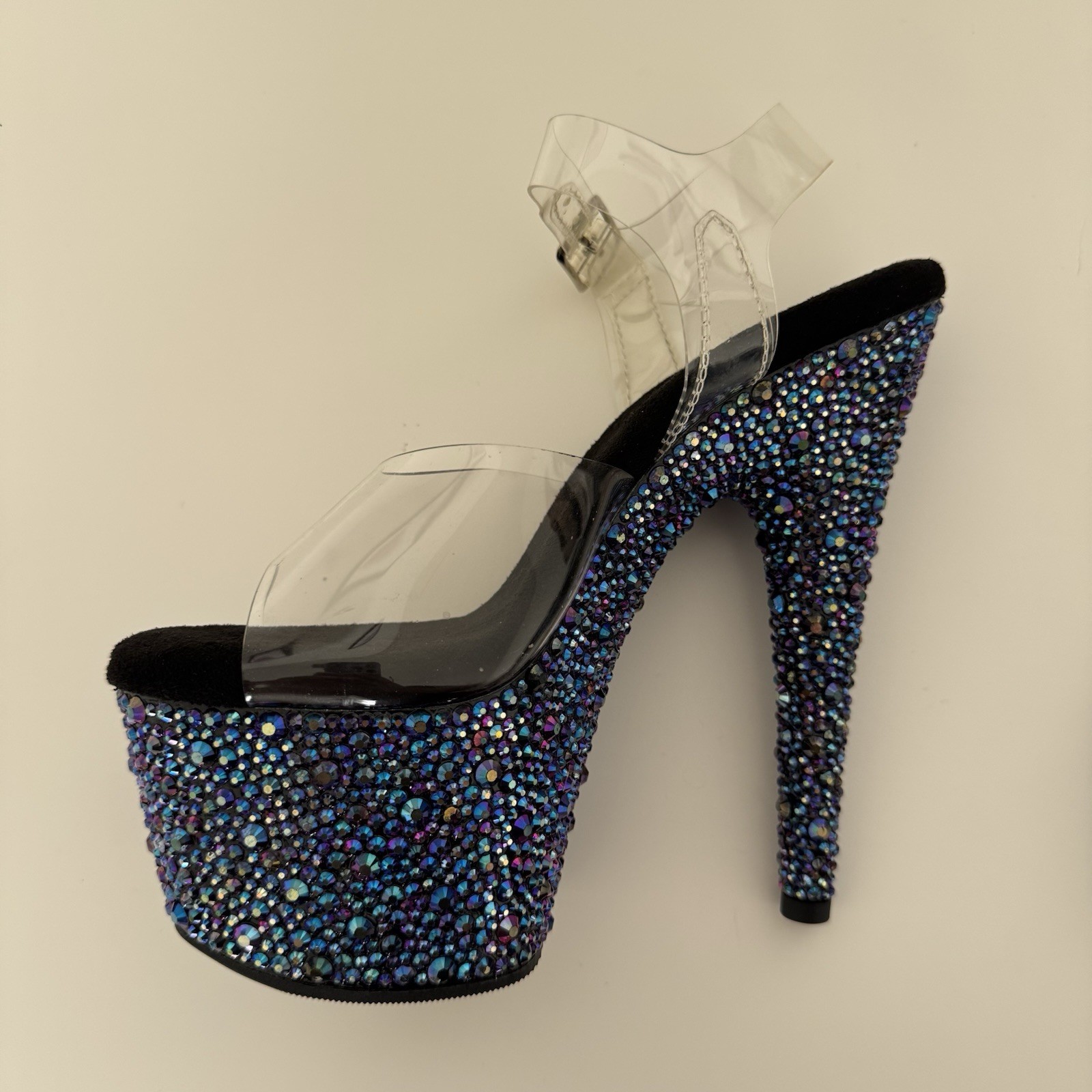 Pleaser Women’s Blue Rhinestone Platform Stiletto Heels Clear Strap 7.5