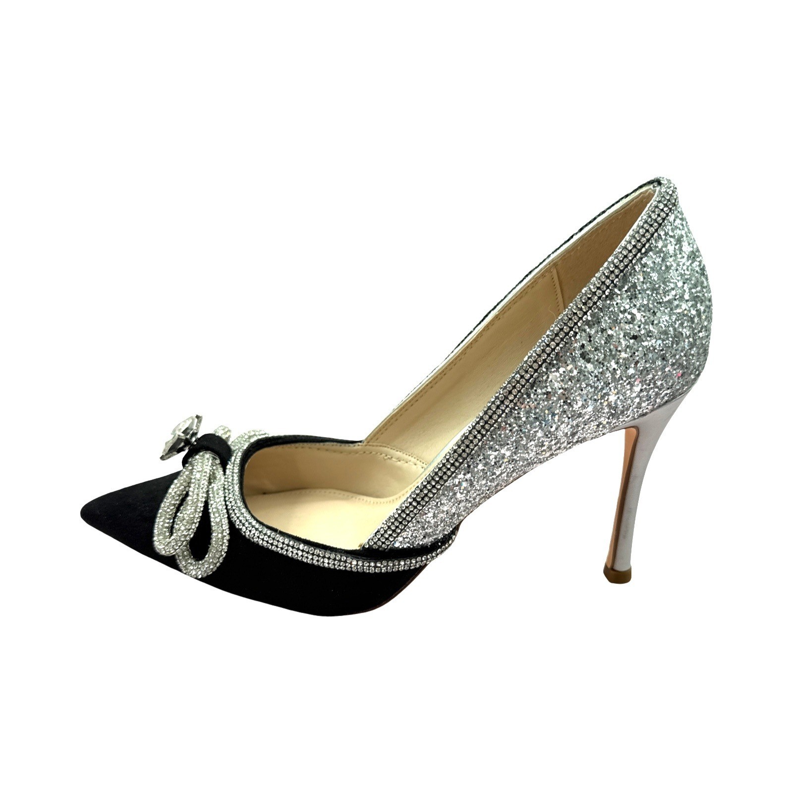 Msonydn Black Silver Glitter Crystal Bow Pointed Toe Stiletto Pumps Evening Shoe