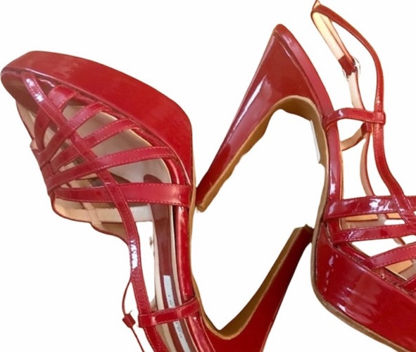 POLLINI Italy Red Patent Leather Sexy Sling Back Open Toed Stiletto Heels, 37/7