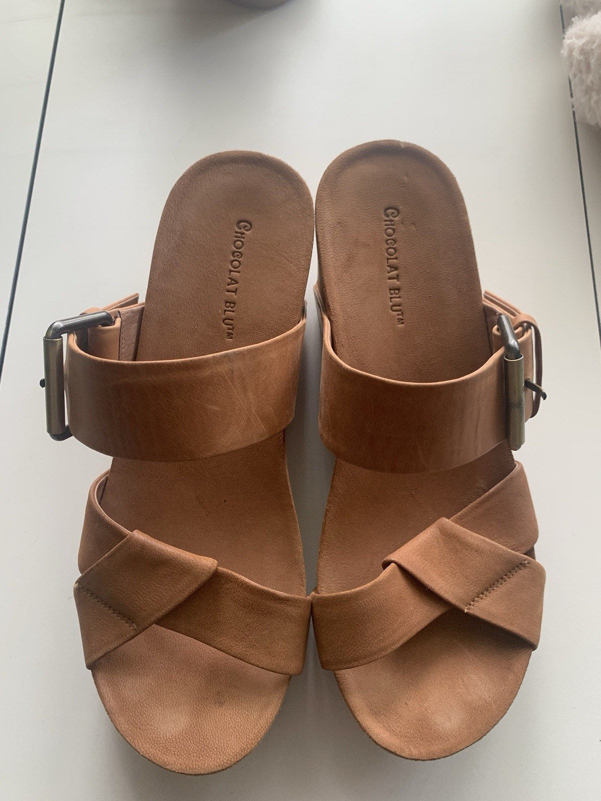 Chocolat Blu Leather Wedge Slide Sandals Brown Buckle Comfort Women’s Size 7.5