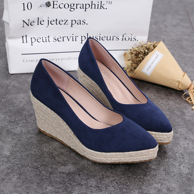 Pointed Toe Wedges Heel Slip On Espadrille Suede Black Women Princess Shoes 42