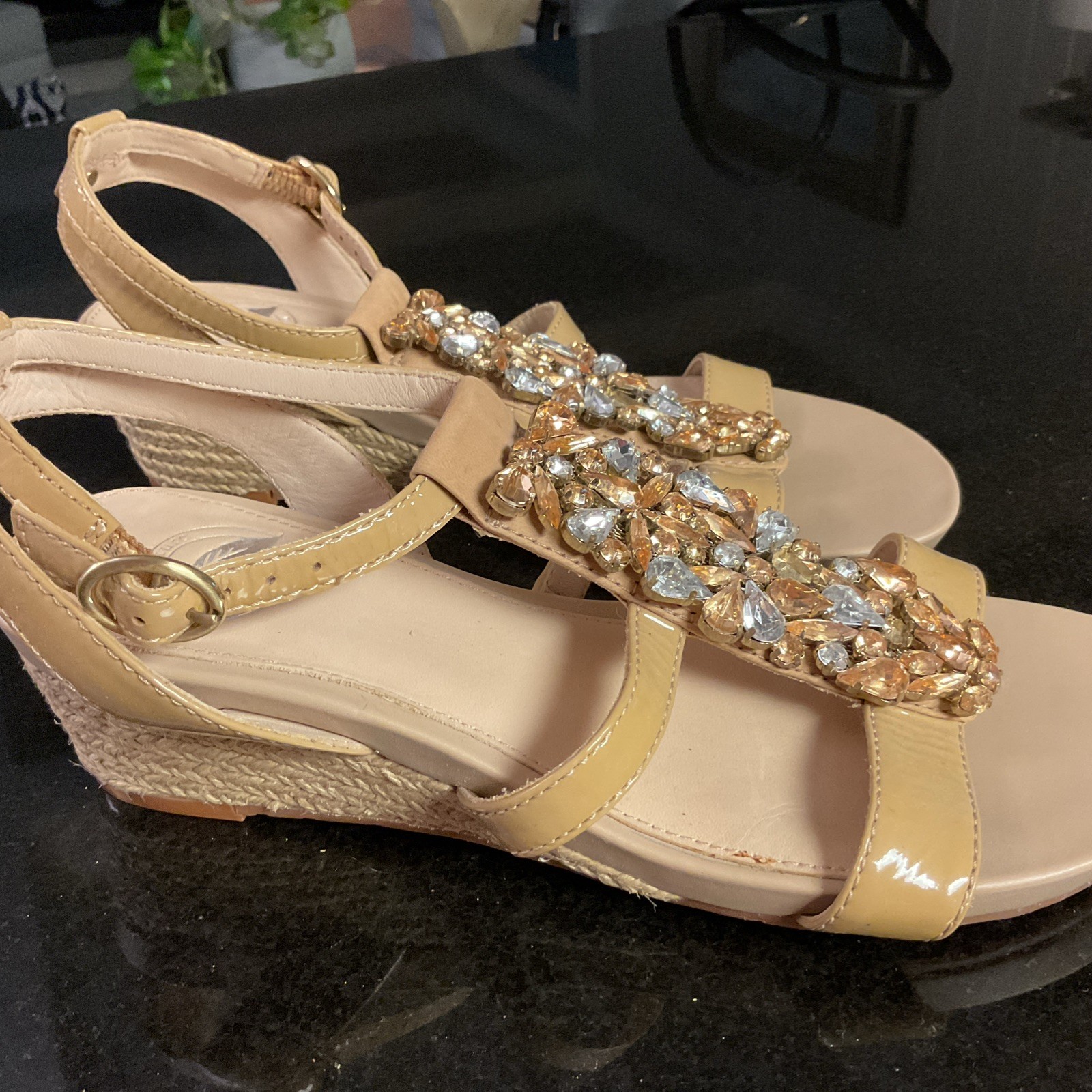NURTURE By Lamaze Sandals Leather Gold Bling Rhinestones Wedges Sz 6.5,