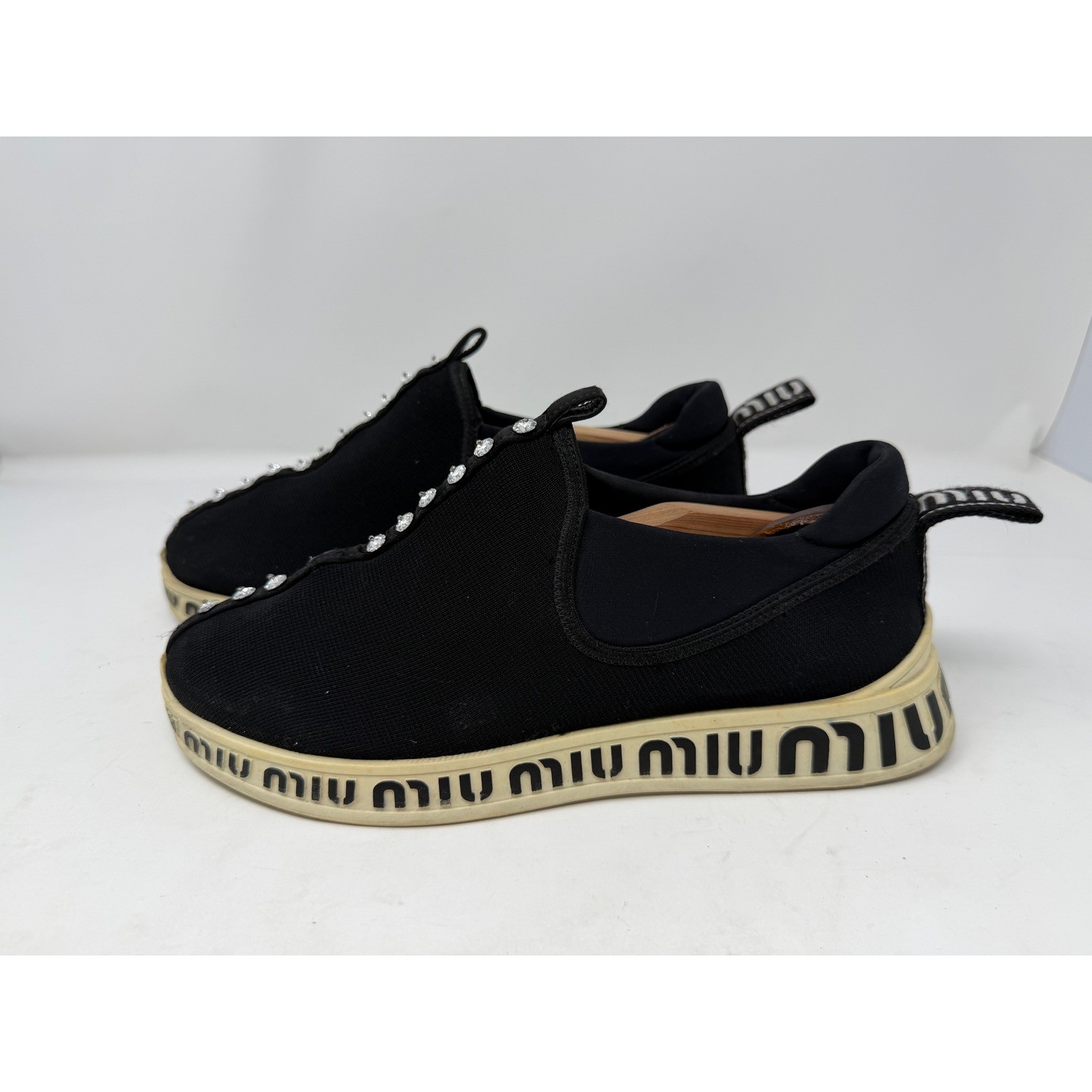 Miu Miu Black Crystal Embellished Knit Logo Slip On Sneakers Shoes 5S830C