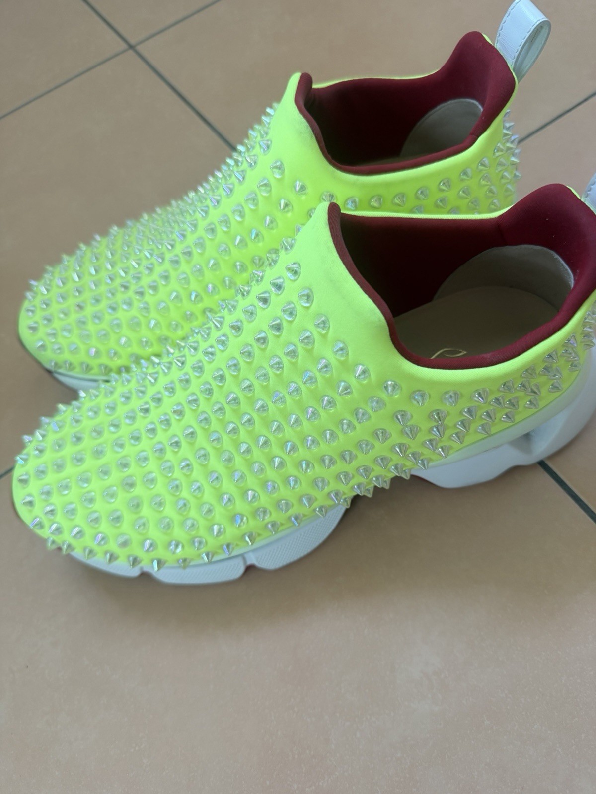 STUNNING CHRISTIAN LOUBOUTIN SPIKE SOCK ,slip-on sneakers in vibrant neon yellow