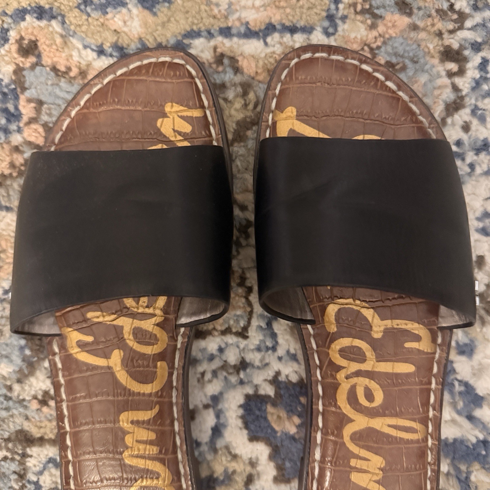 Sam Edelman Women’s Leather Slide Sandals Croc Embossed Logo Black US 6.5