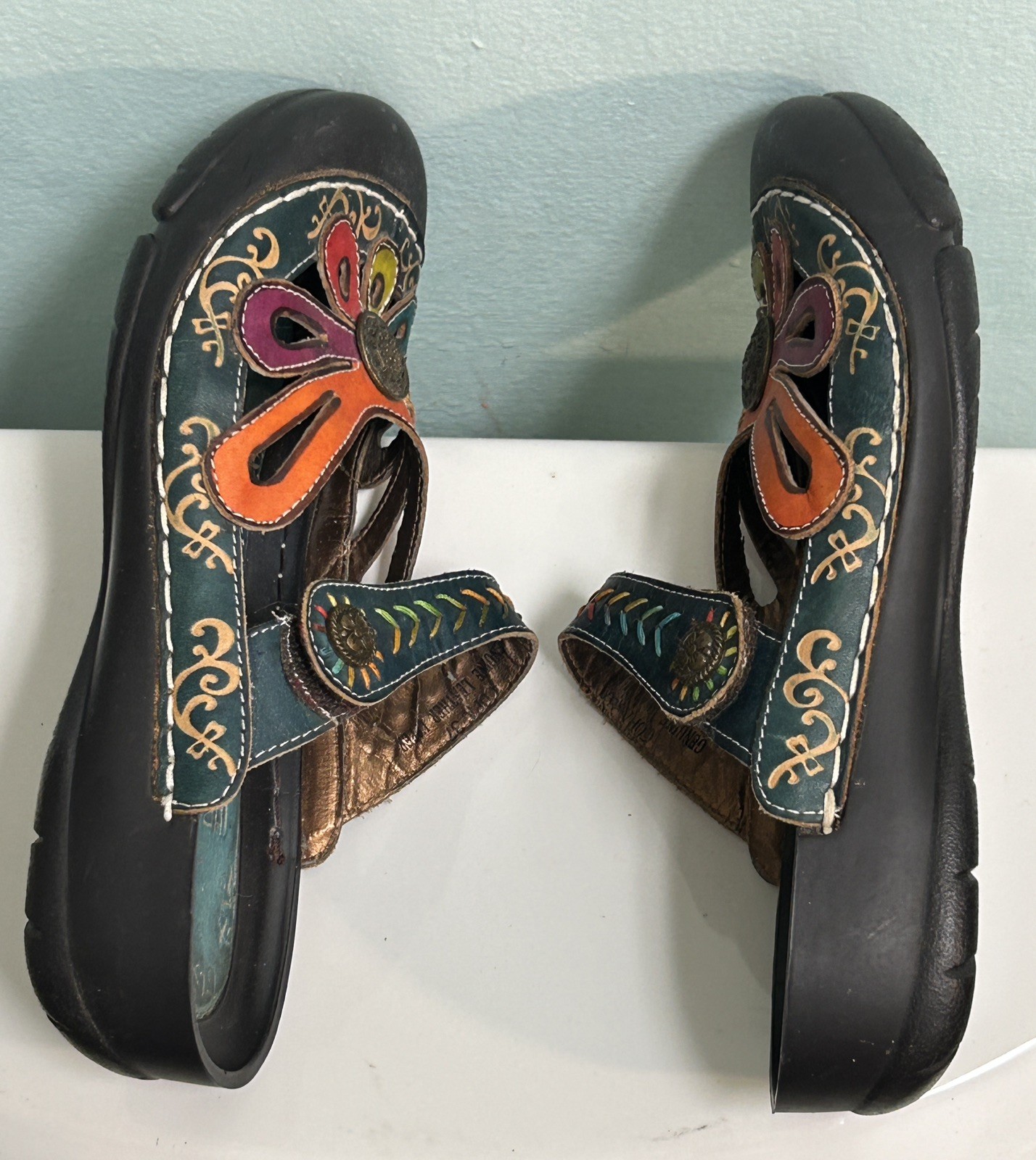 L’Artiste 37/6.5 Spring Step Colorful Floral Leather Women’s Copa Flat Sandal