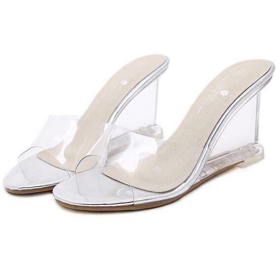Women’s Mule Slides Clear Transparent PVC Wedge High Heel Sandals Dress Shoes OL