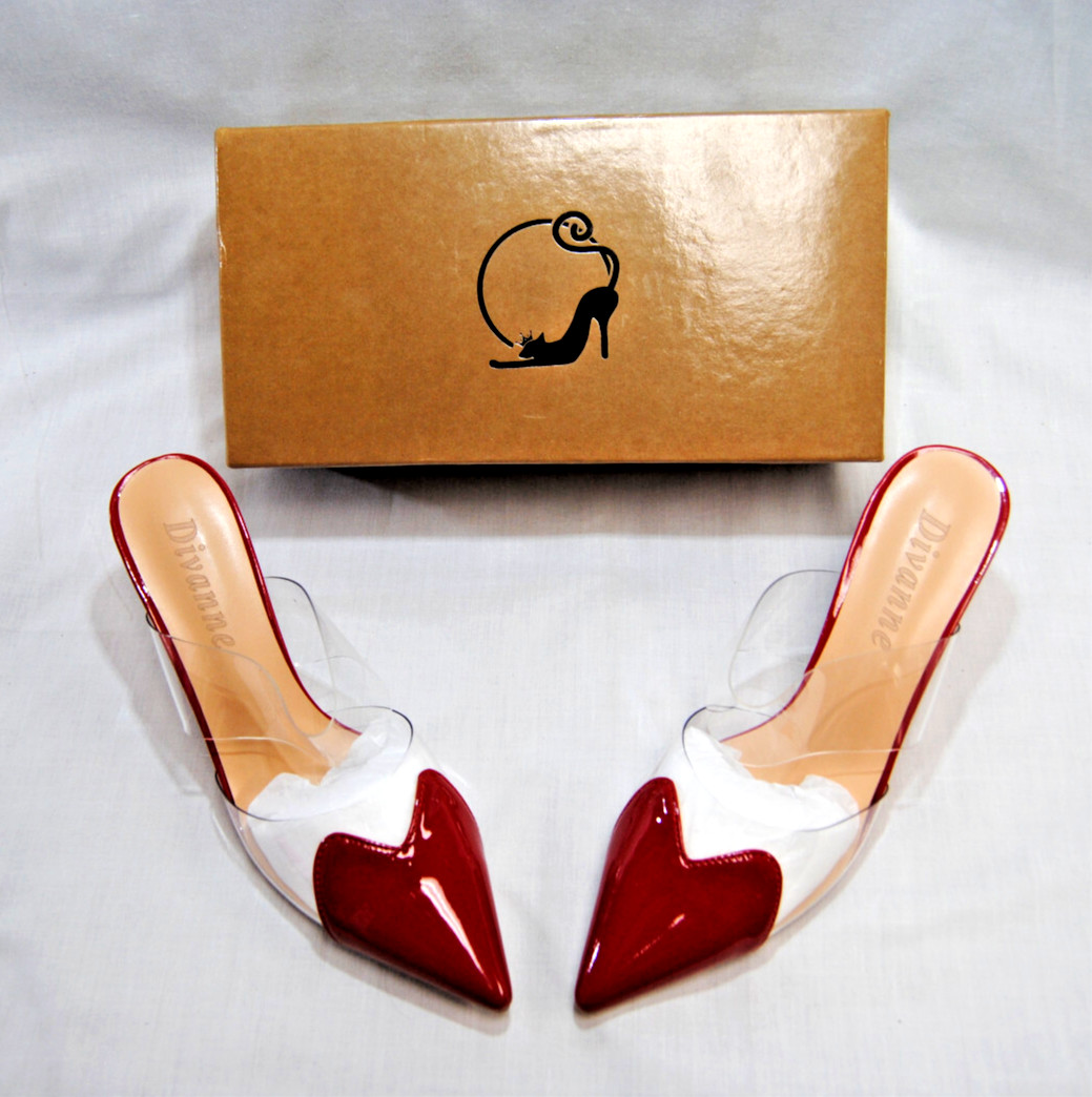 Divanne Womens Heart Heeled Mules Pointed Toe Clear Strap Pumps High Heels T2344