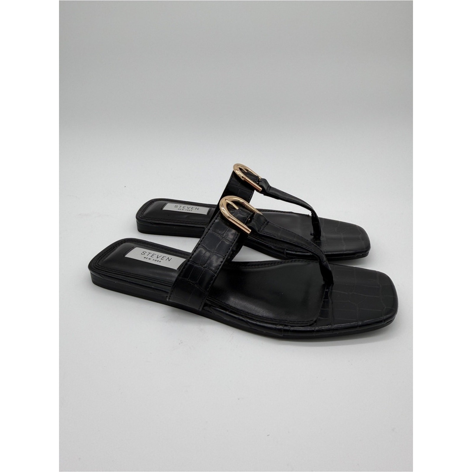 Steven New York Pava Sandals Black Croc Embossed Thong Gold NWOB – US 8