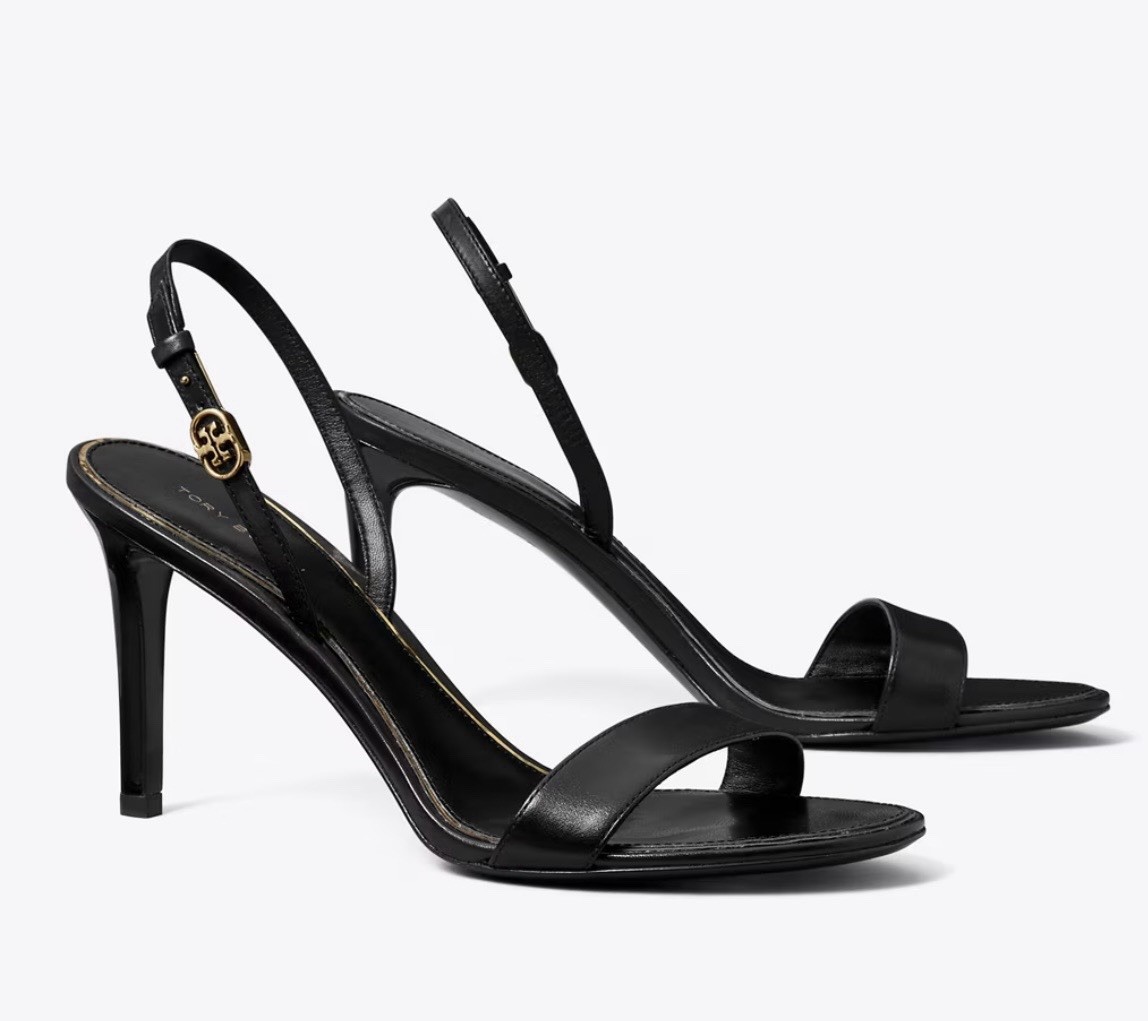 Tory Burch leather Double T buckle heel sandal 3.25” heel, gold trim Sz 9 1/2