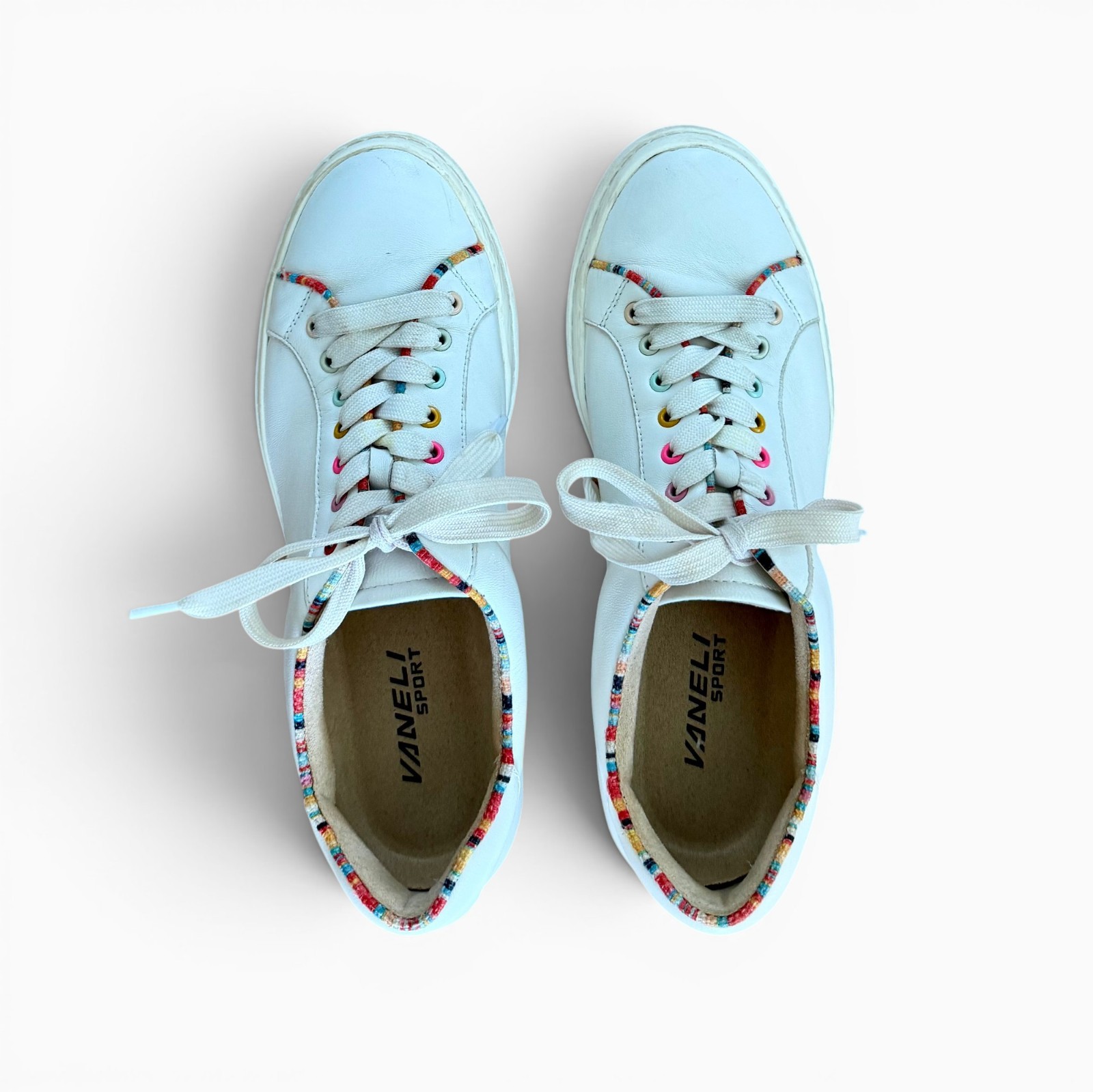 Size 8.5 Womens; VANELI Sport White Leather Sneakers with Colorful Trim