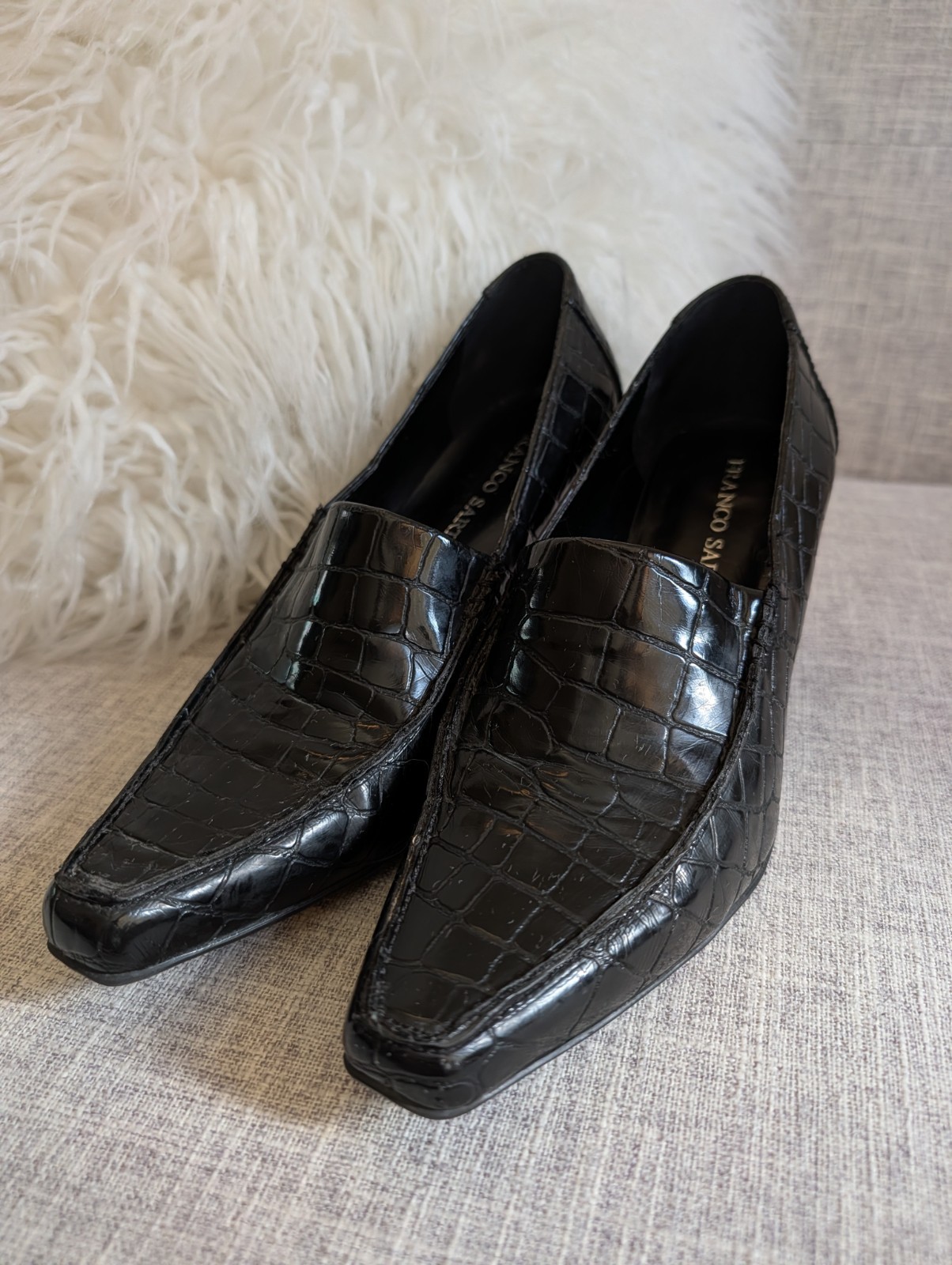 Franco Sarto Heels Women’s 10 Tea Black Faux Croc Embossed Patent Leather